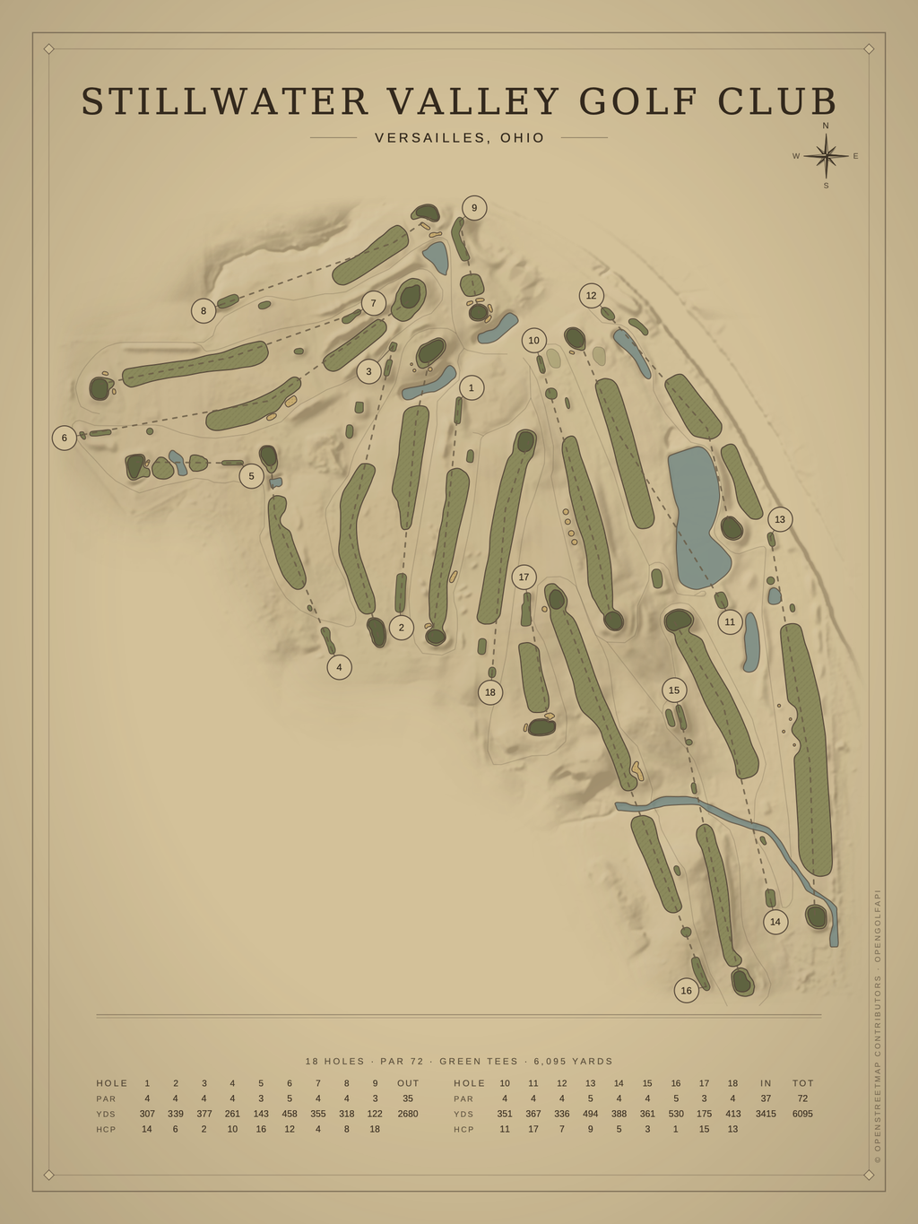 Stillwater Valley Golf Club course map poster, Vintage style, 12×16 / 18×24