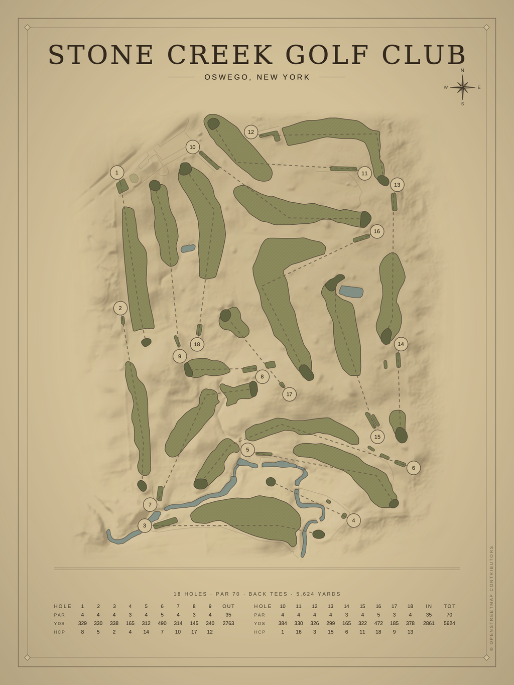 Stone Creek Golf Club course map poster, Vintage style, 12×16 / 18×24