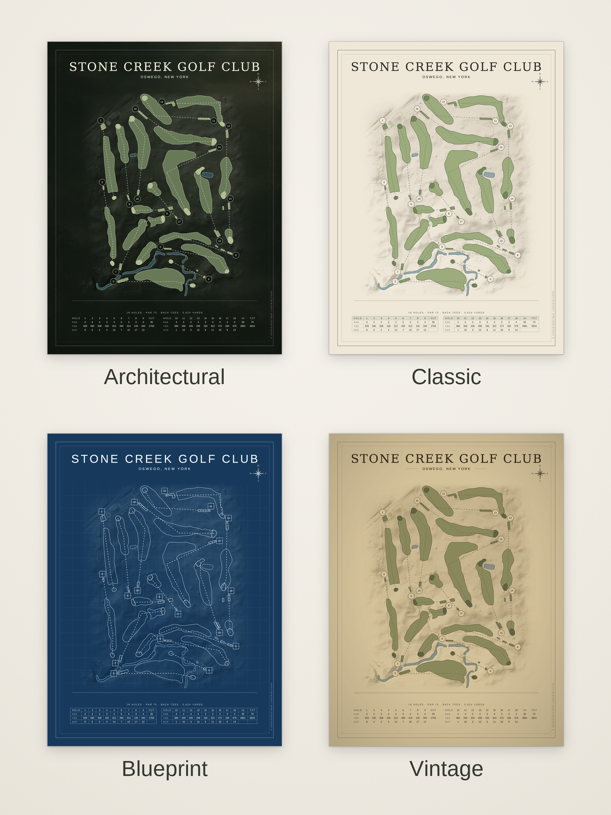 Stone Creek Golf Club course map poster in four styles: Architectural, Classic, Blueprint and Vintage