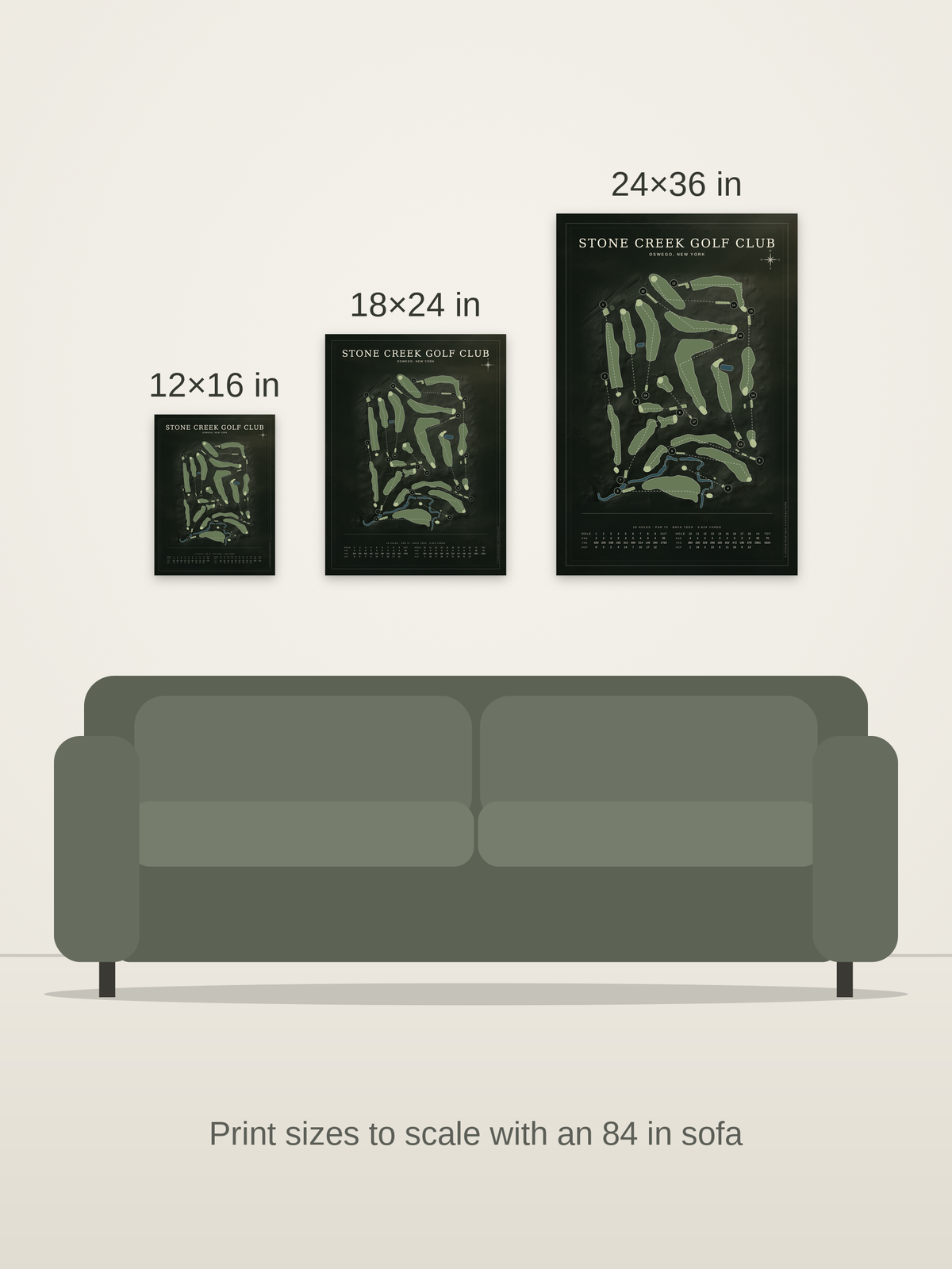 Stone Creek Golf Club course map poster in the Architectural style at 12×16, 18×24 and 24×36 inches, shown to scale on a wall above an 84-inch sofa