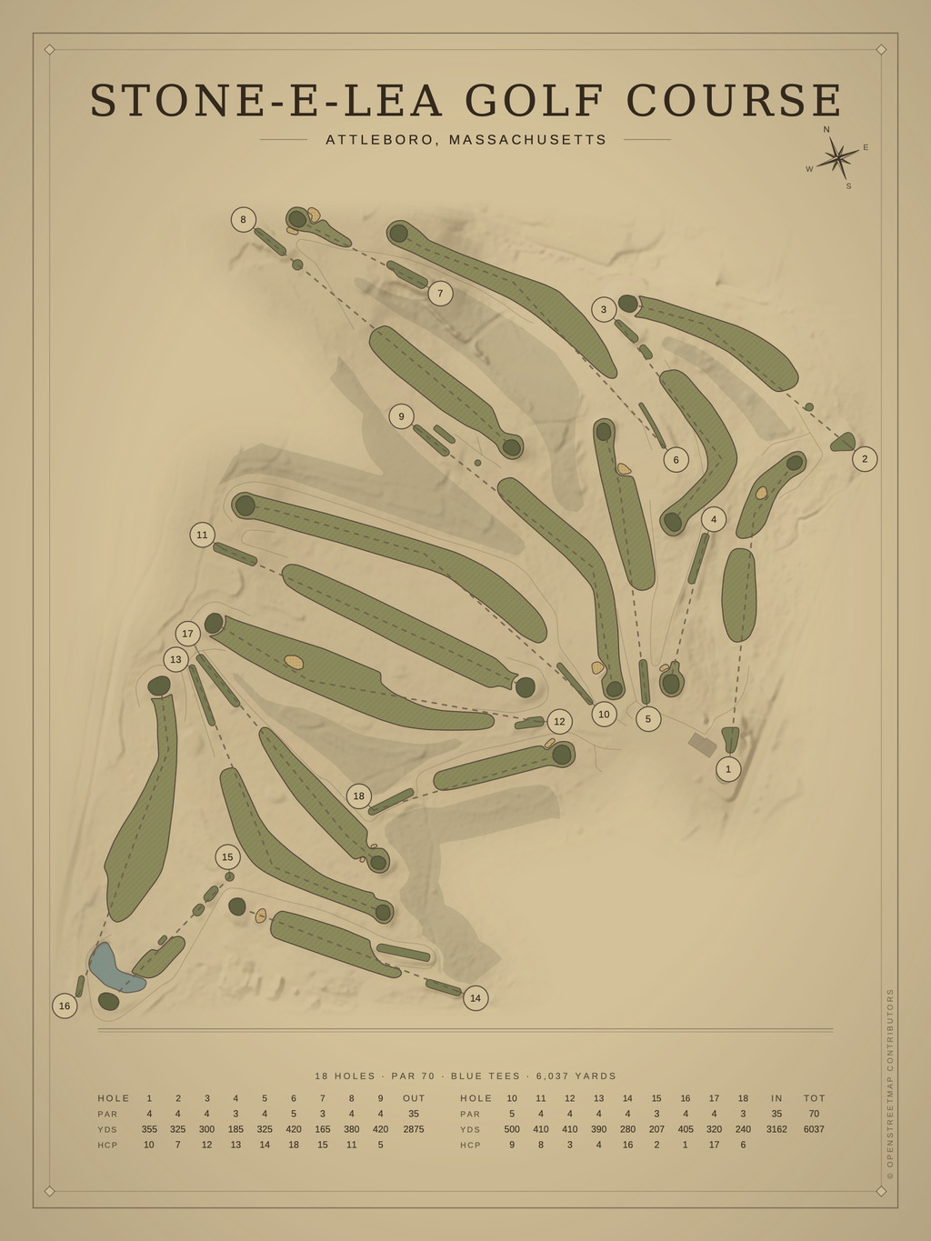 Stone-E-Lea Golf Course map poster, Vintage style, 12×16 / 18×24