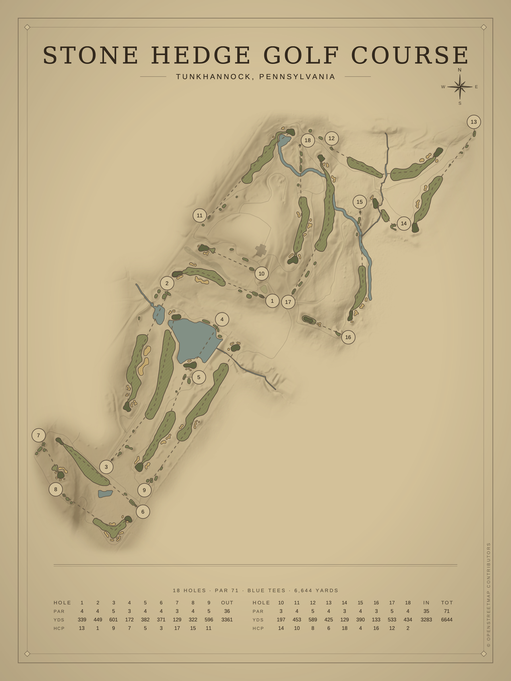 Stone Hedge Golf Course map poster, Vintage style, 12×16 / 18×24