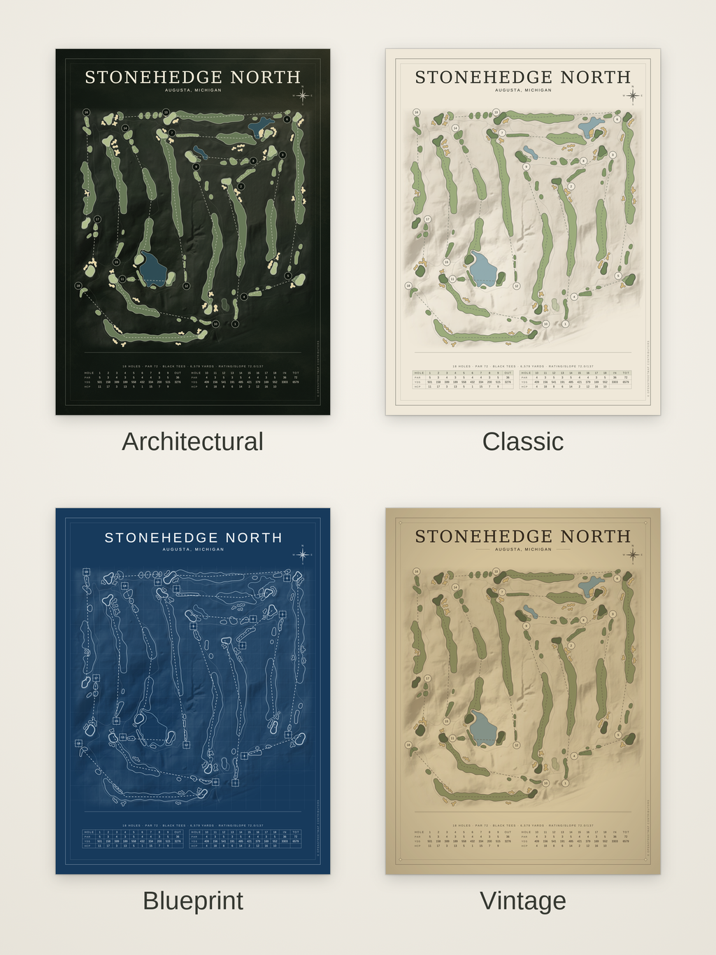 Stonehedge North course map poster in four styles: Architectural, Classic, Blueprint and Vintage
