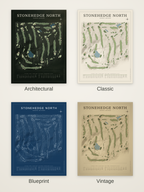 Stonehedge North course map poster in four styles: Architectural, Classic, Blueprint and Vintage