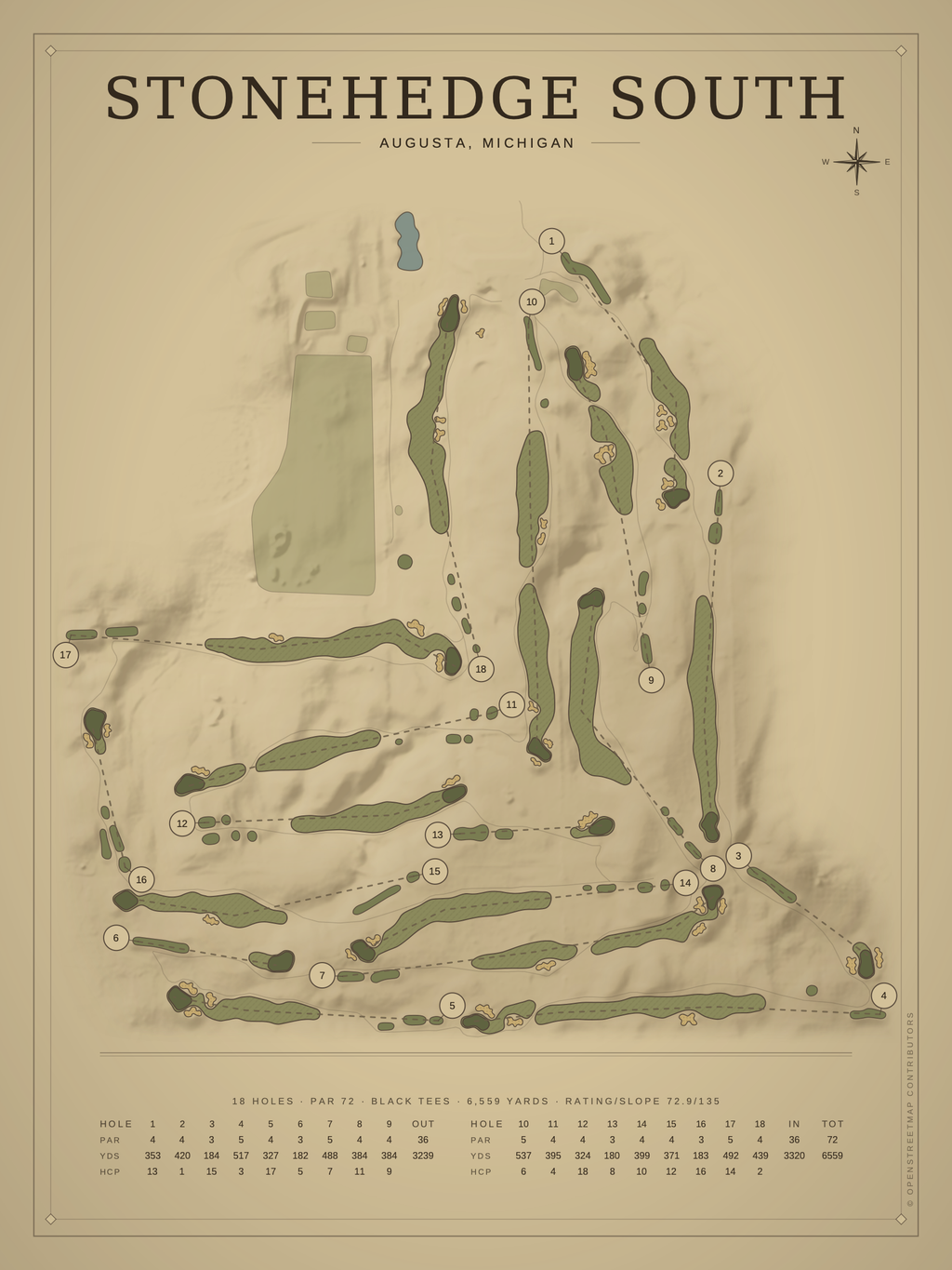 Stonehedge South course map poster, Vintage style, 12×16 / 18×24