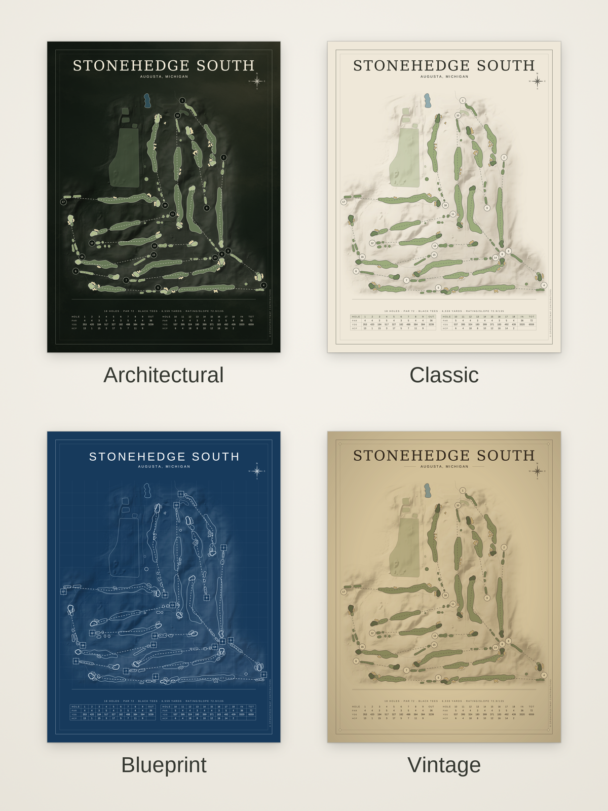 Stonehedge South course map poster in four styles: Architectural, Classic, Blueprint and Vintage