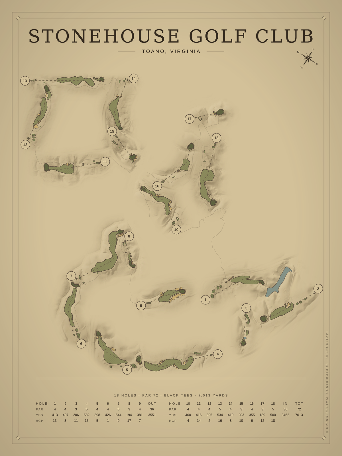 Stonehouse Golf Club course map poster, Vintage style, 12×16 / 18×24