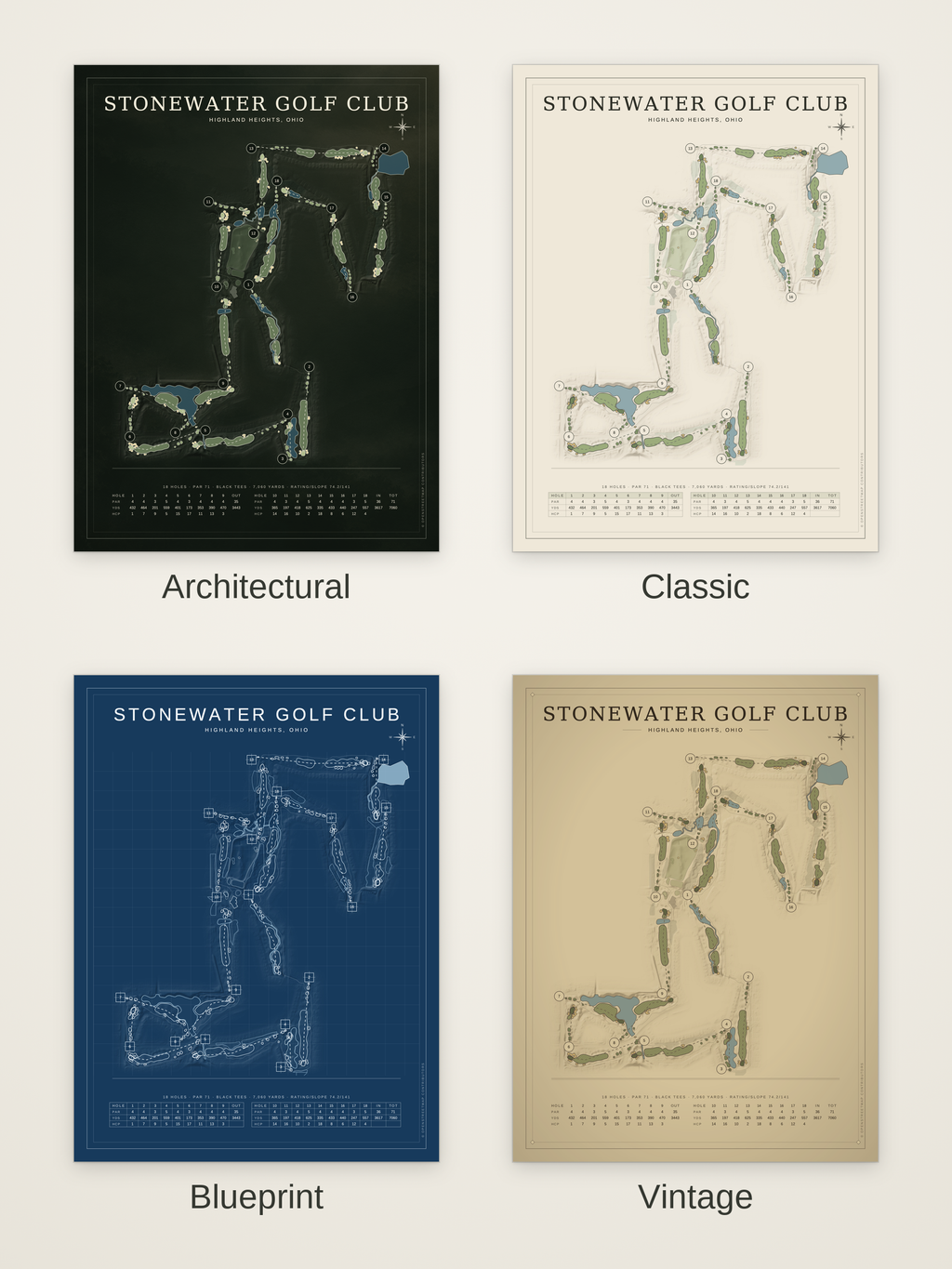 Stonewater Golf Club course map poster in four styles: Architectural, Classic, Blueprint and Vintage