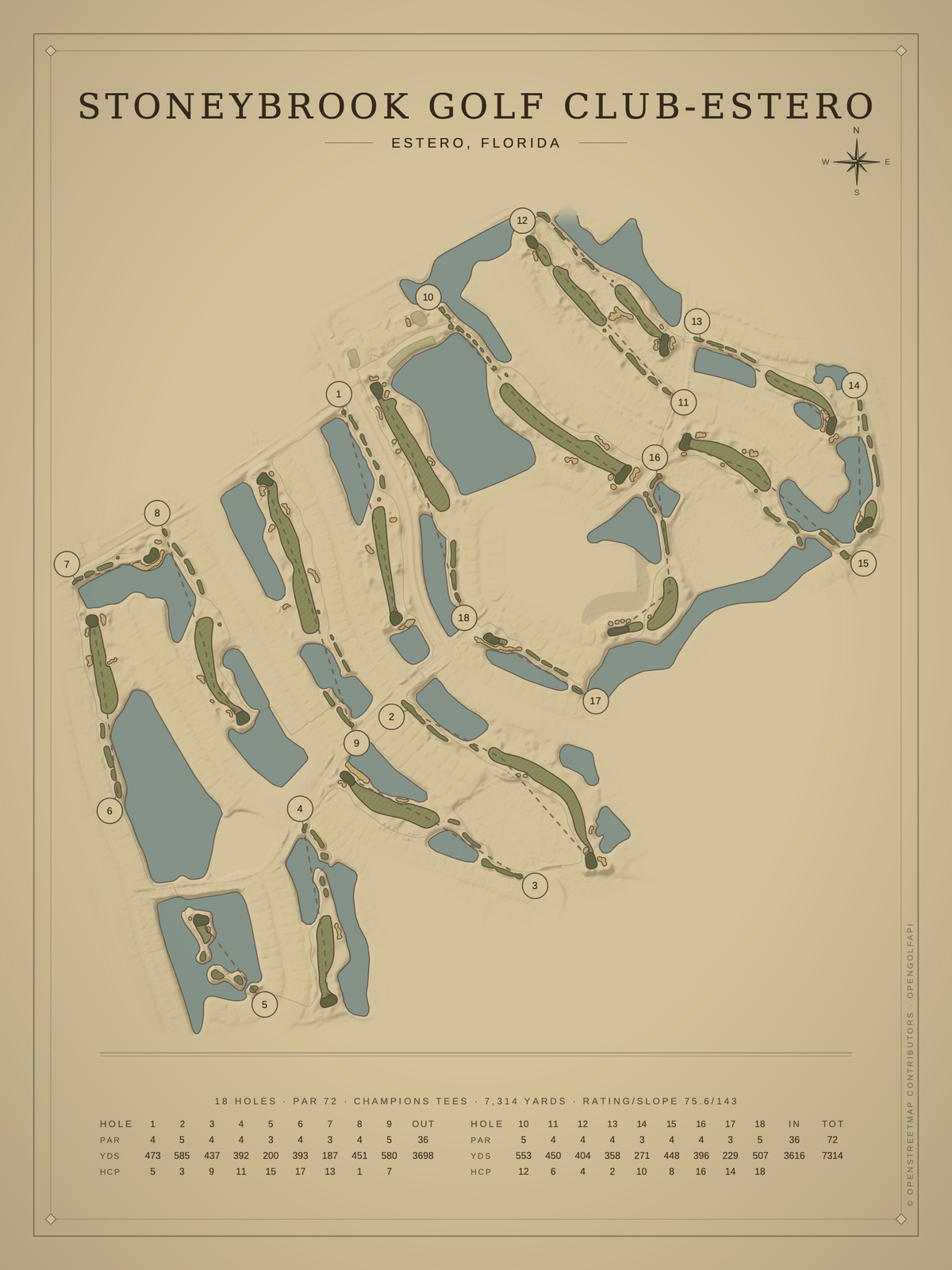 Stoneybrook Golf Club-Estero course map poster, Vintage style, 12×16 / 18×24