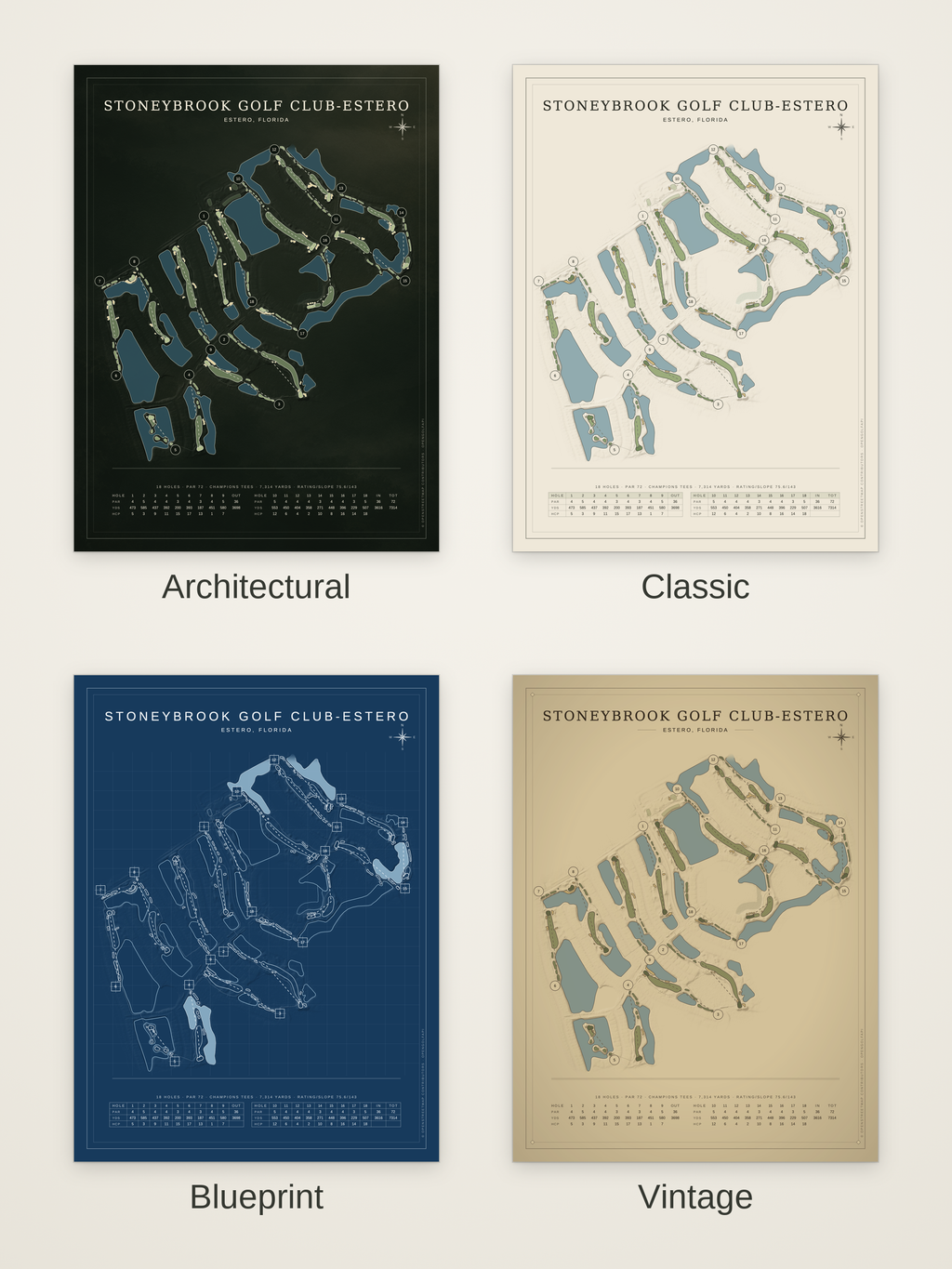 Stoneybrook Golf Club-Estero course map poster in four styles: Architectural, Classic, Blueprint and Vintage