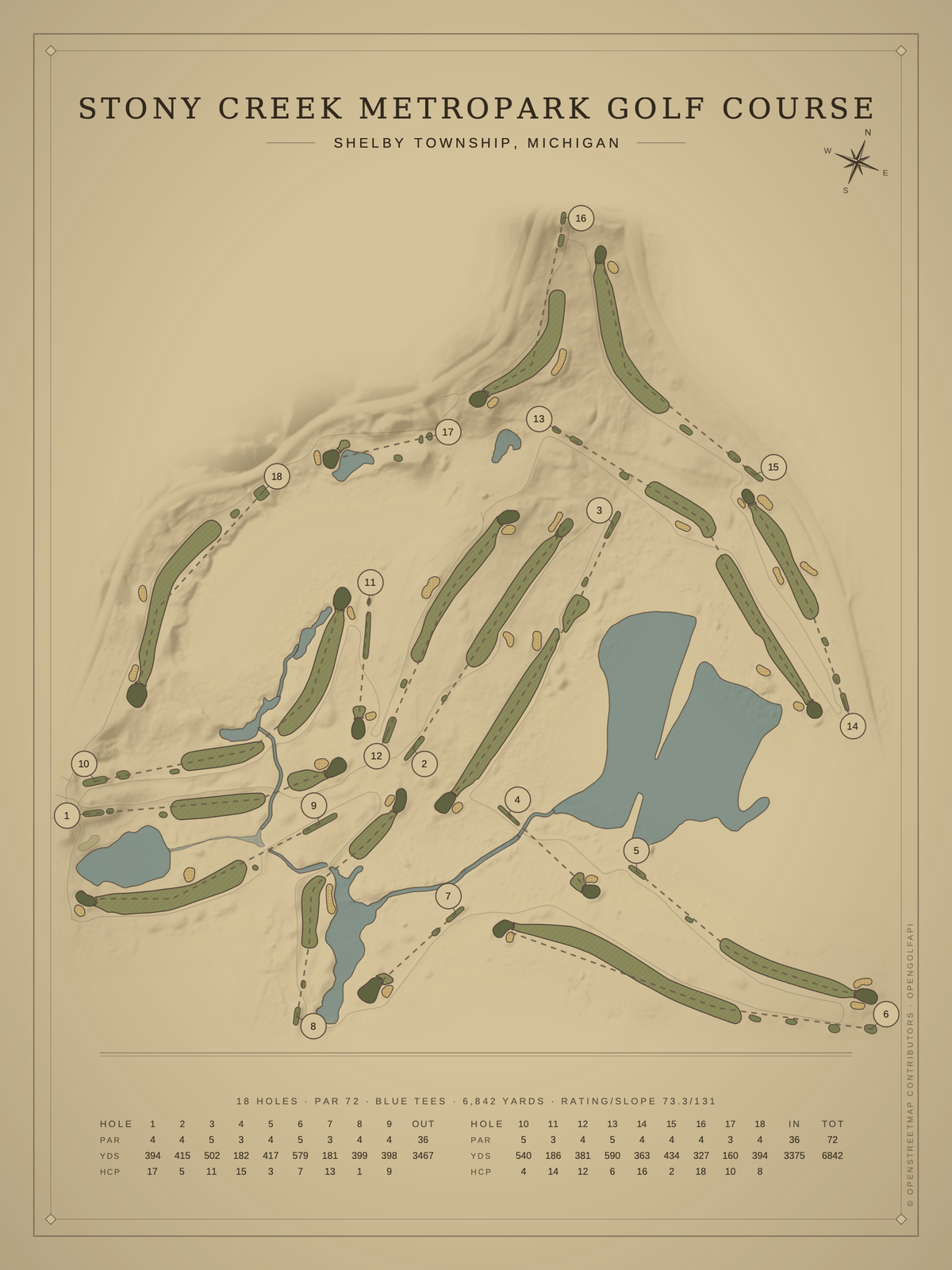 Stony Creek Metropark Golf Course map poster, Vintage style, 12×16 / 18×24
