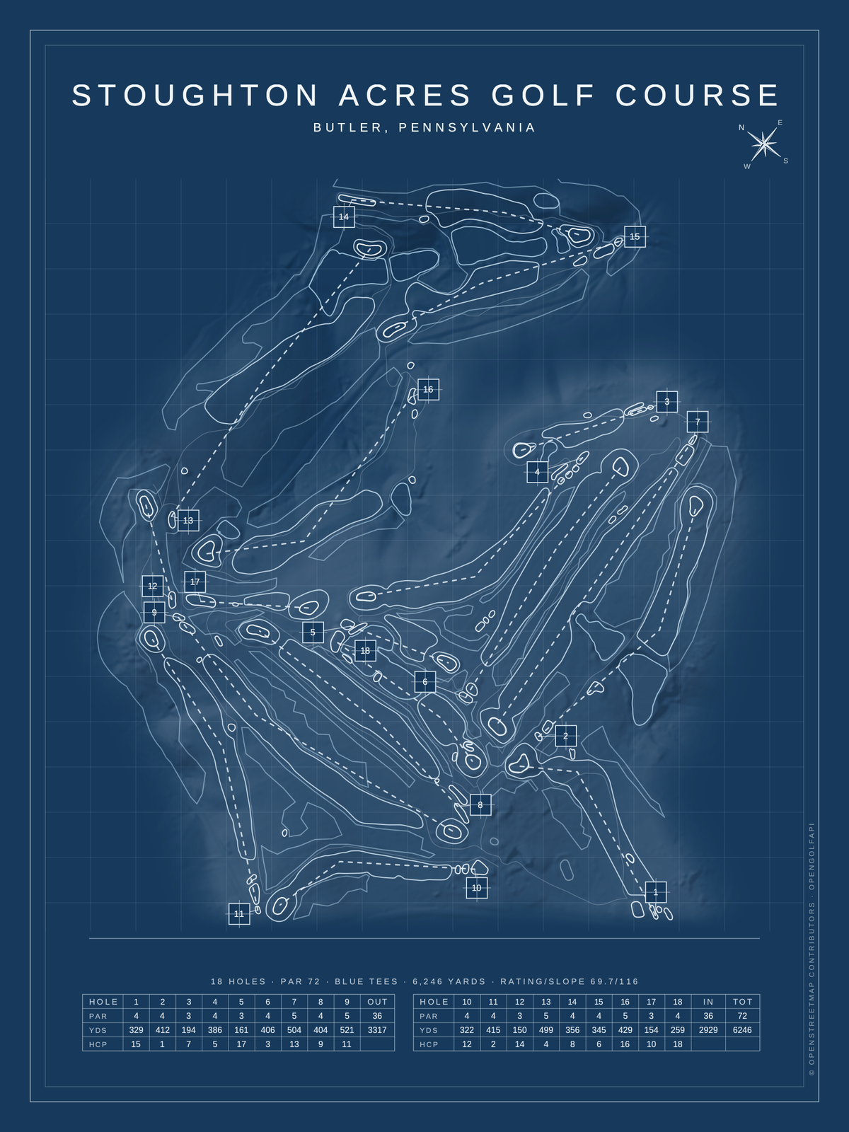 Stoughton Acres Golf Course map poster, Blueprint style, 12×16 / 18×24