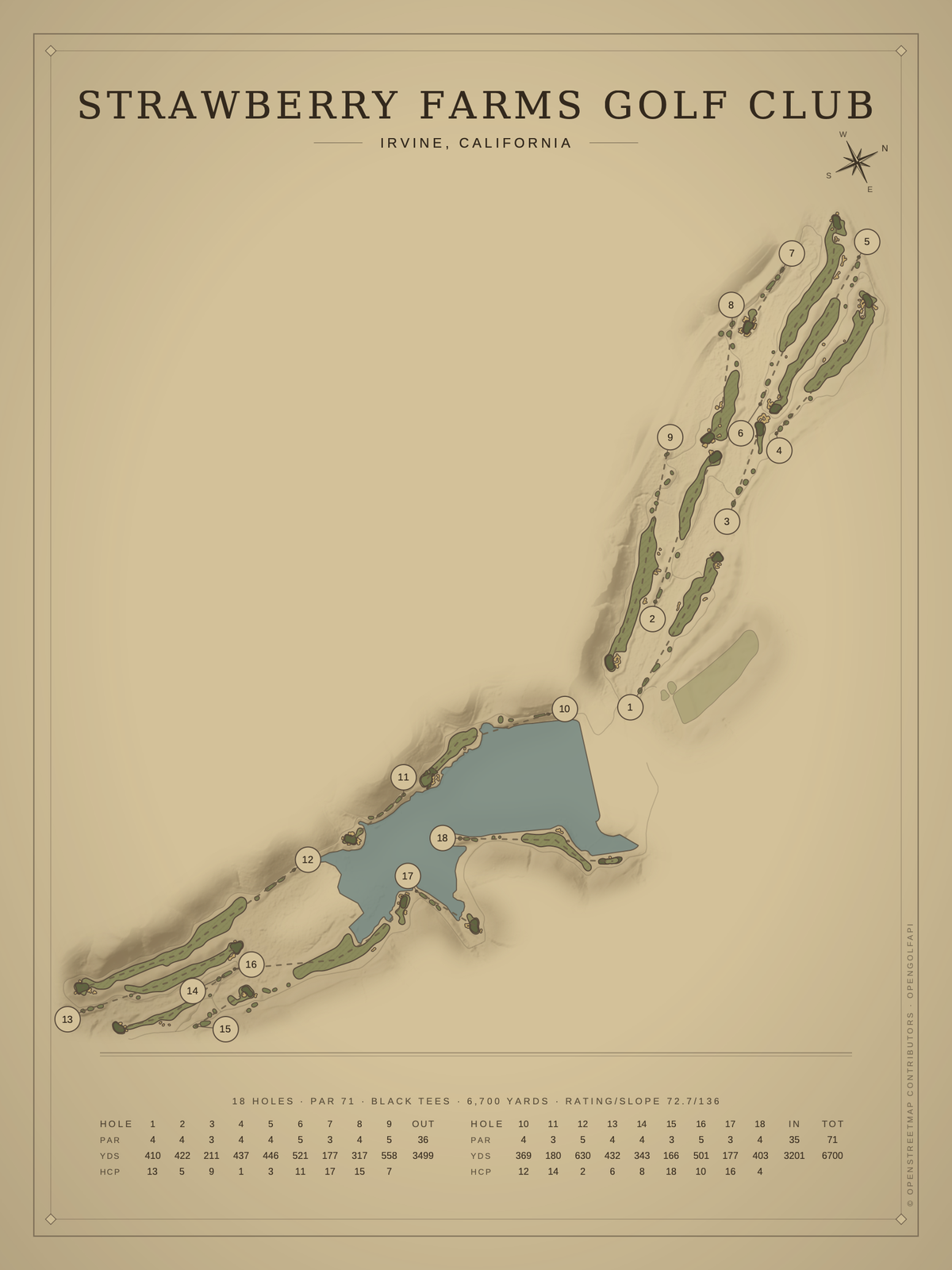 Strawberry Farms Golf Club course map poster, Vintage style, 12×16 / 18×24