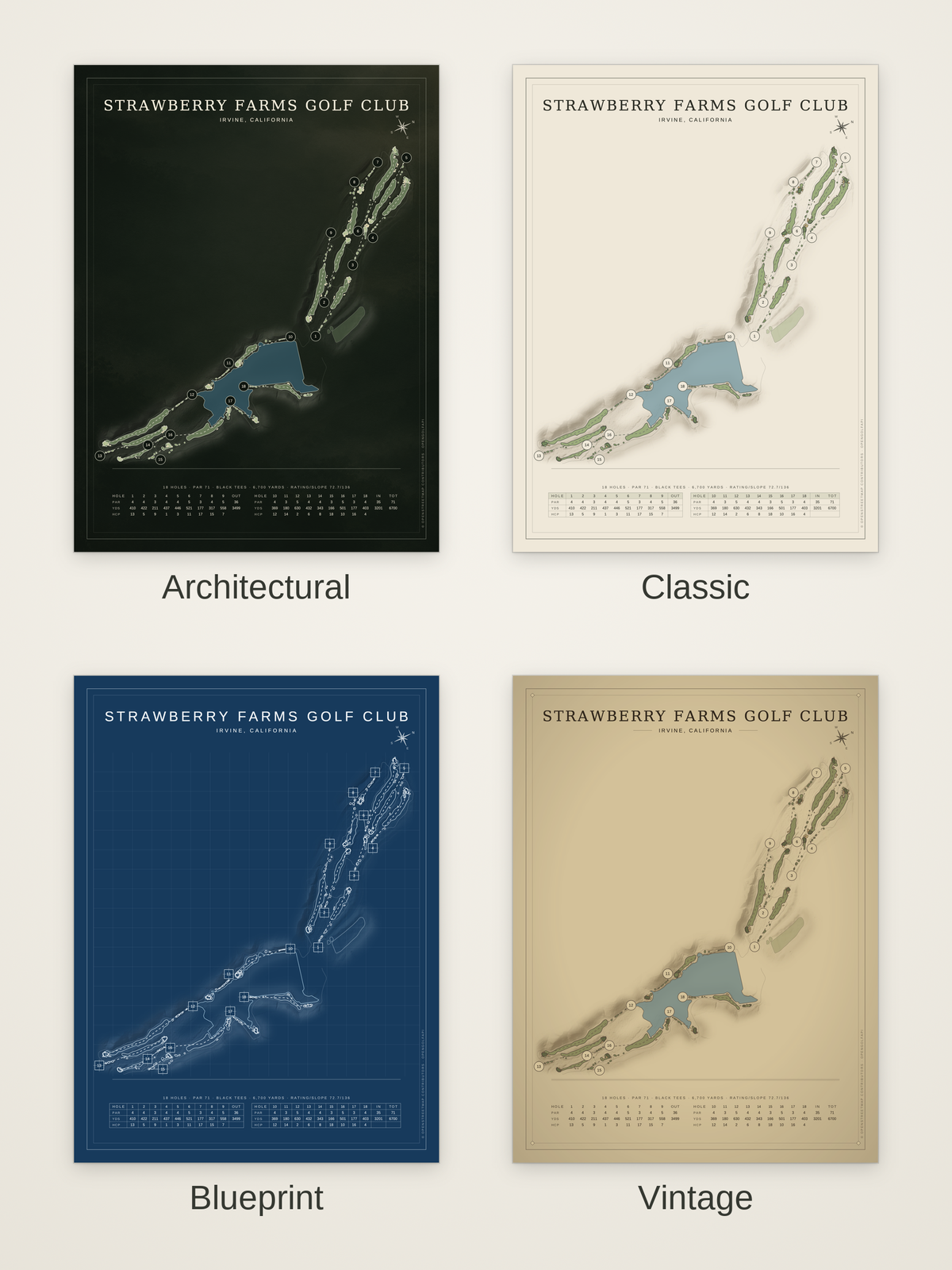 Strawberry Farms Golf Club course map poster in four styles: Architectural, Classic, Blueprint and Vintage
