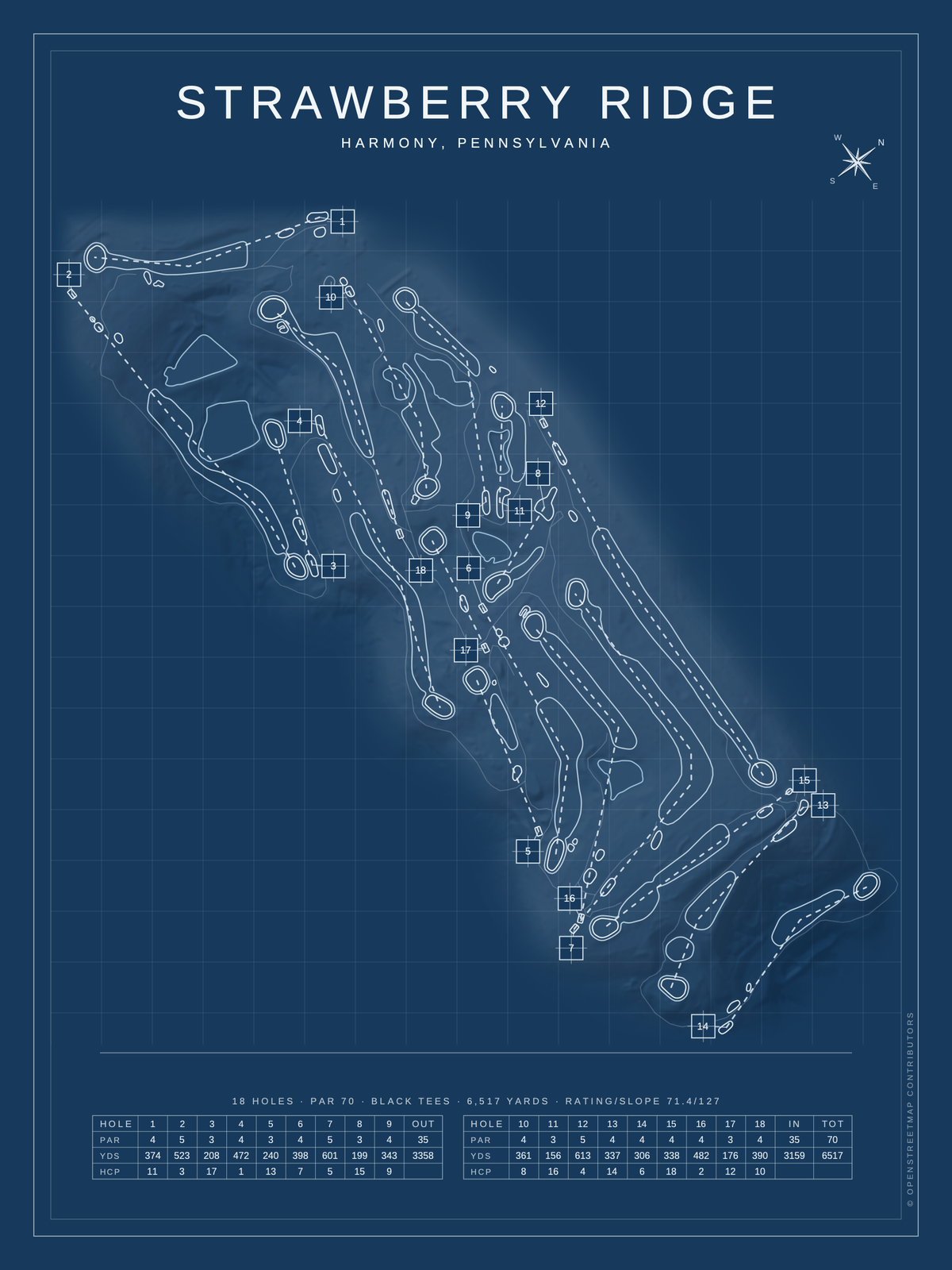 Strawberry Ridge course map poster, Blueprint style, 12×16 / 18×24