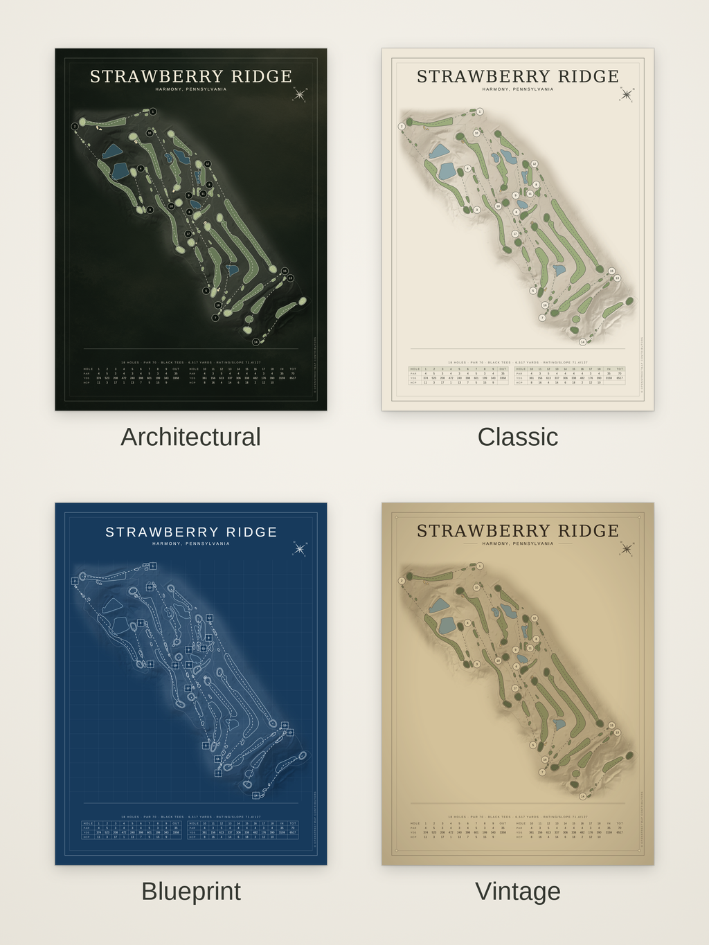 Strawberry Ridge course map poster in four styles: Architectural, Classic, Blueprint and Vintage
