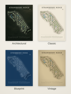 Strawberry Ridge course map poster in four styles: Architectural, Classic, Blueprint and Vintage