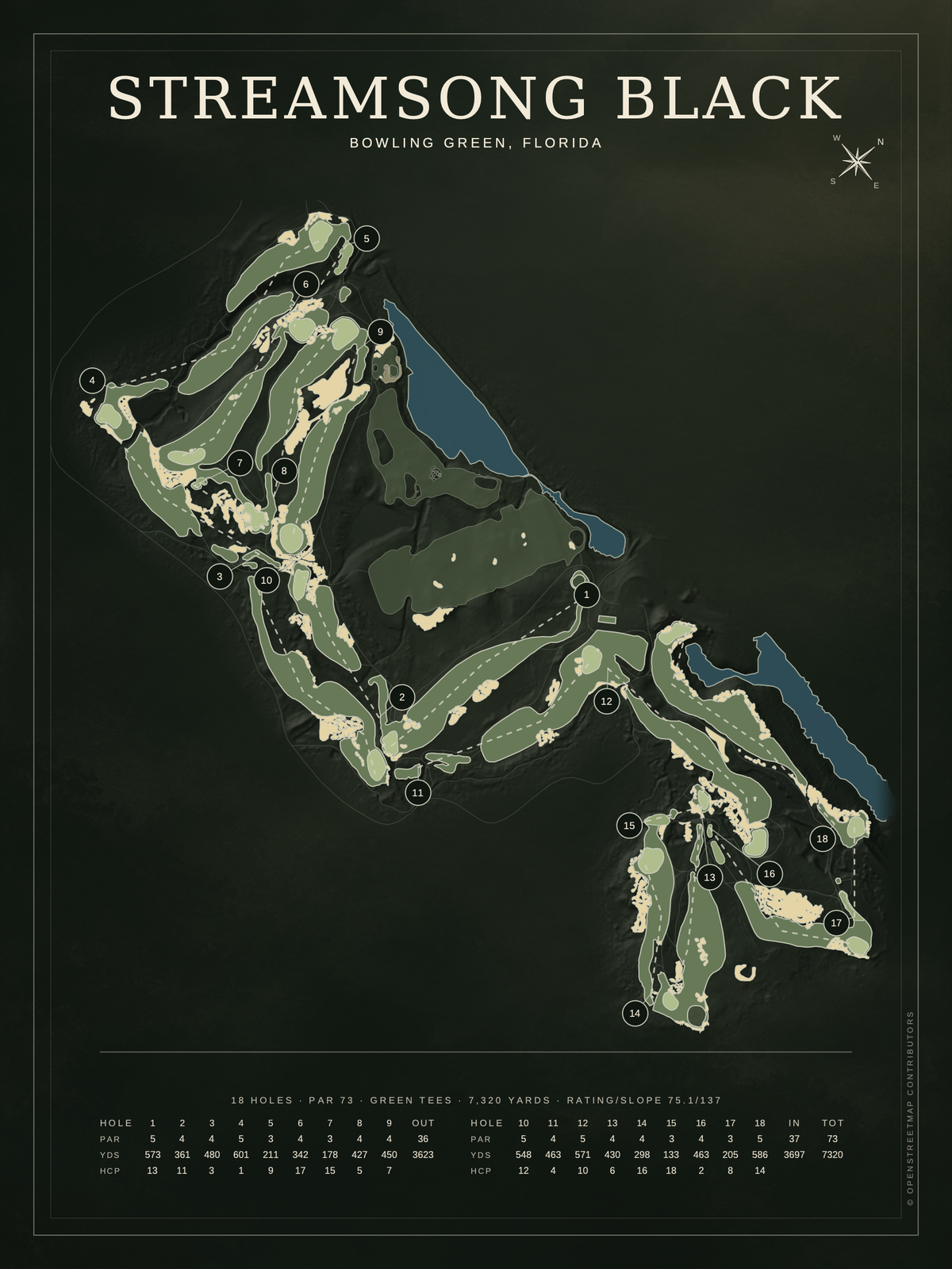 Streamsong Black course map poster, Architectural style, 12×16 / 18×24