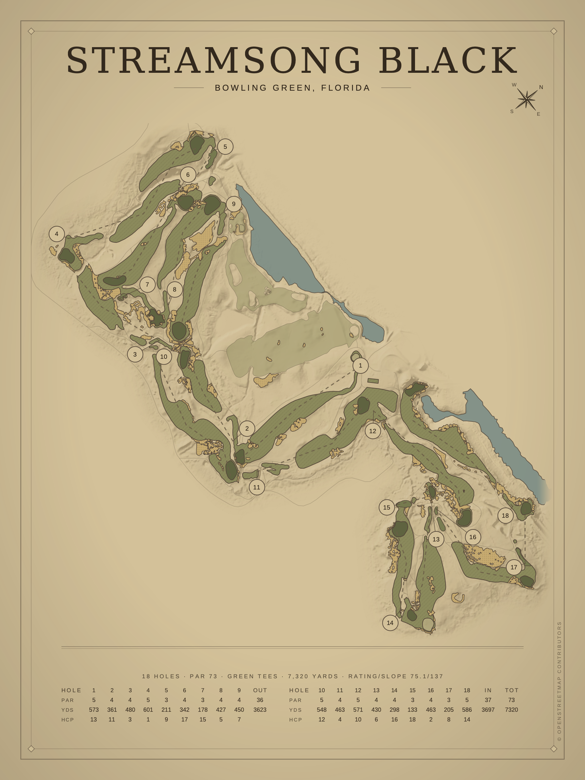 Streamsong Black course map poster, Vintage style, 12×16 / 18×24
