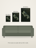 Streamsong Black course map poster in the Architectural style at 12×16, 18×24 and 24×36 inches, shown to scale on a wall above an 84-inch sofa