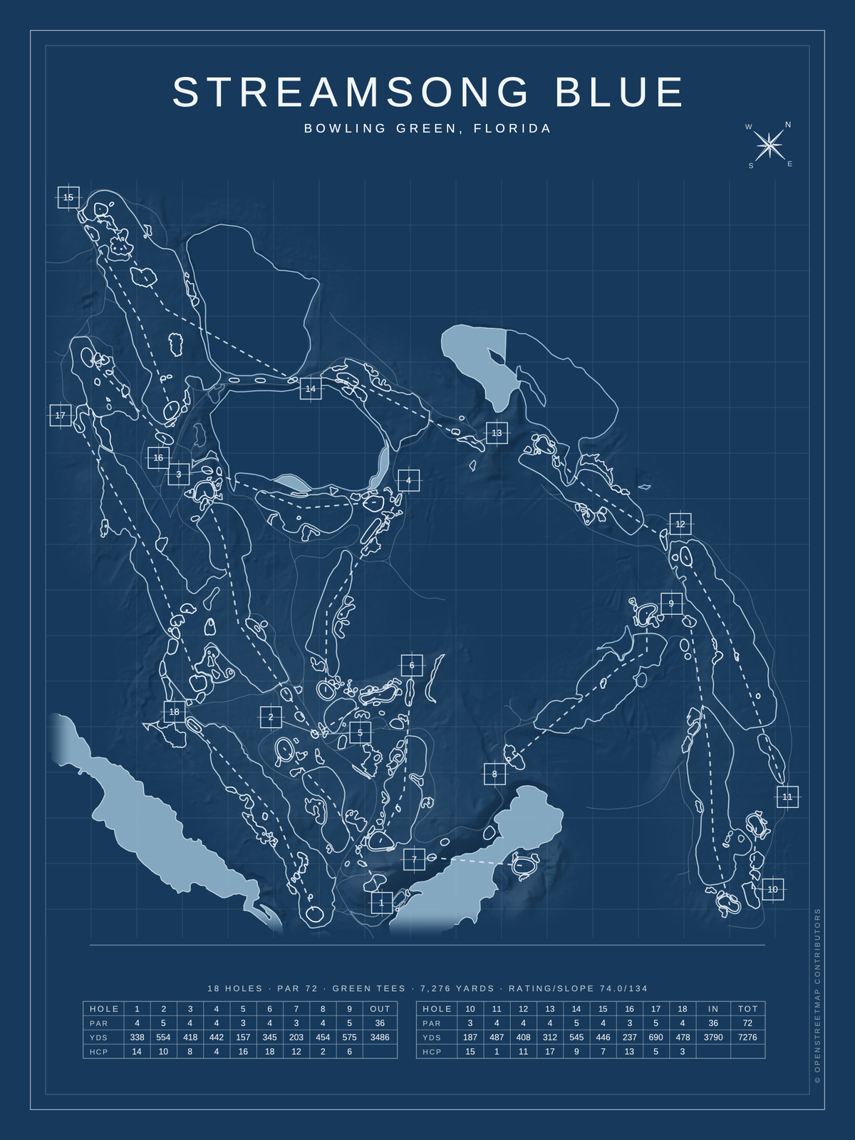 Streamsong Blue course map poster, Blueprint style, 12×16 / 18×24