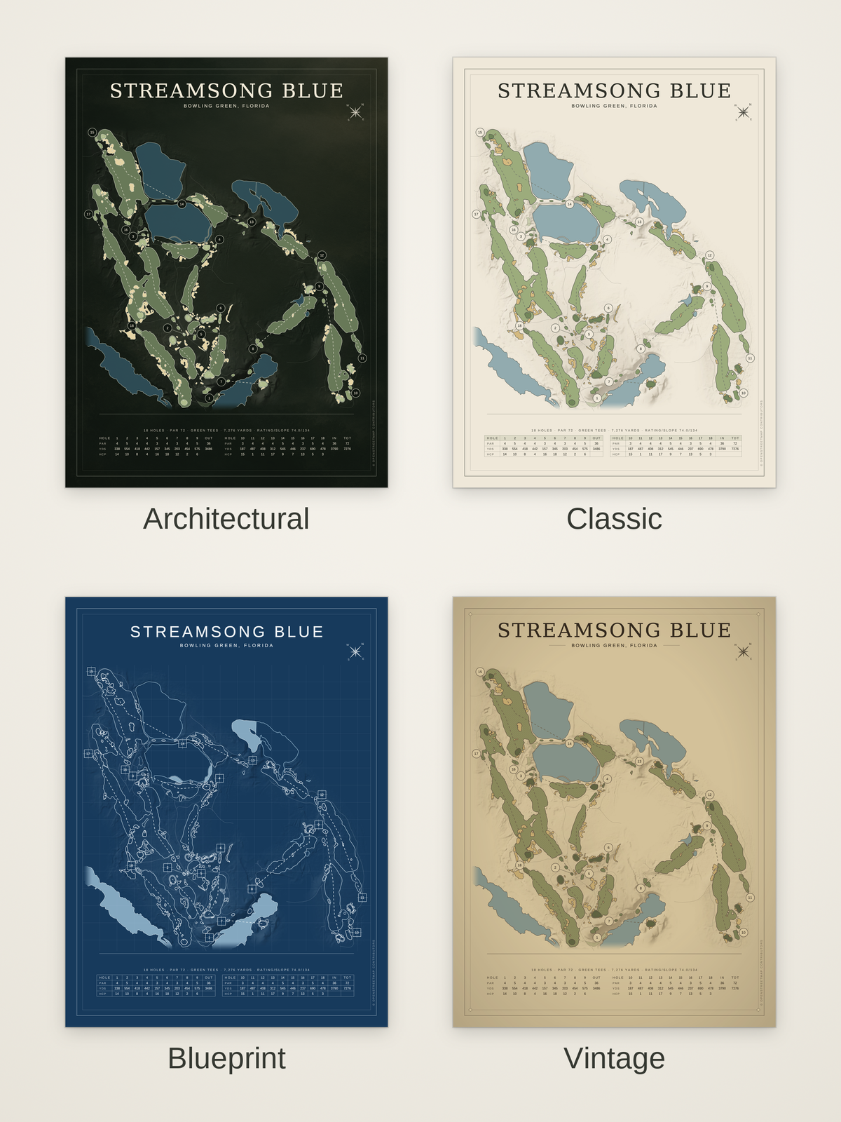 Streamsong Blue course map poster in four styles: Architectural, Classic, Blueprint and Vintage