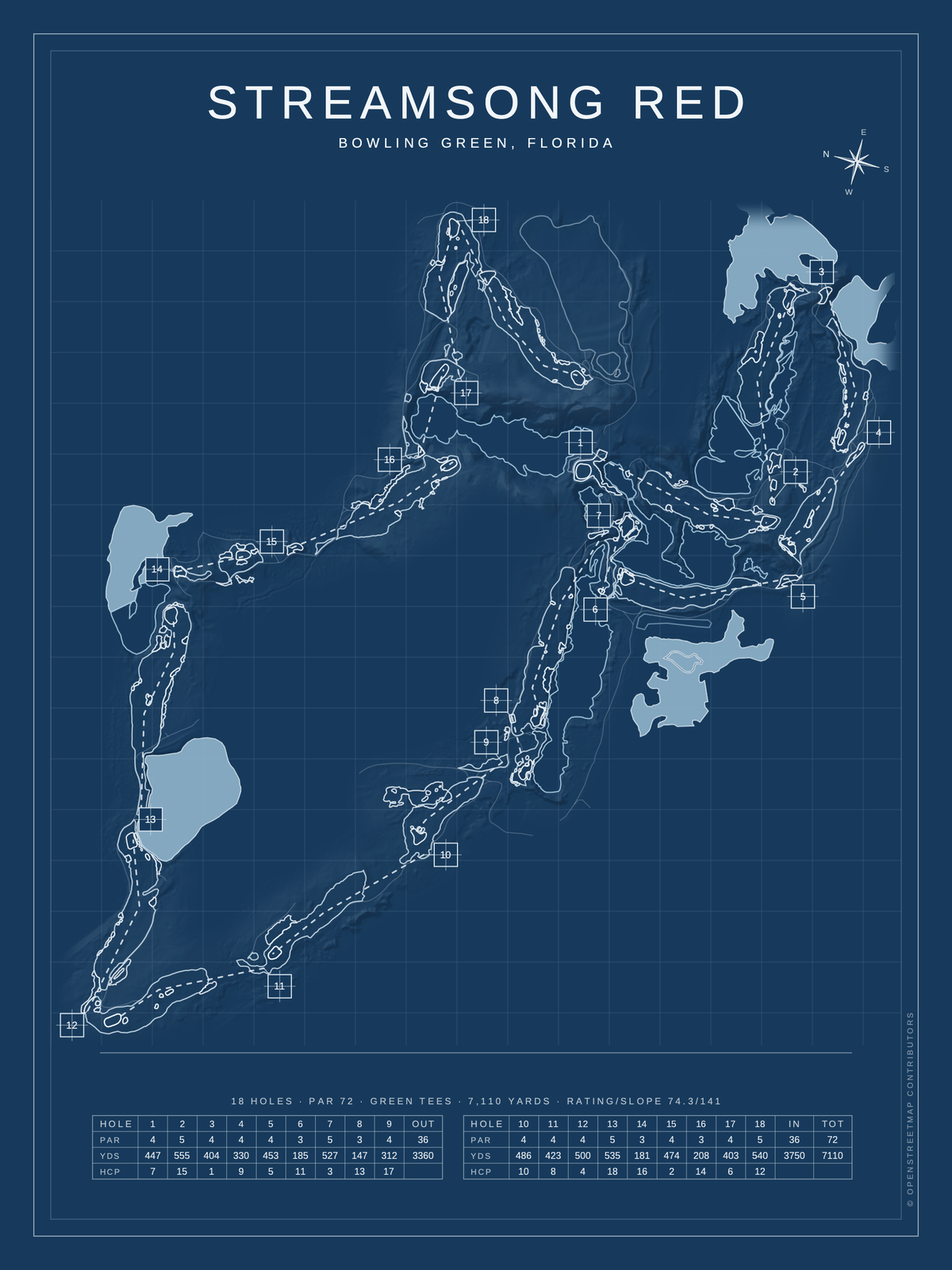 Streamsong Red course map poster, Blueprint style, 12×16 / 18×24