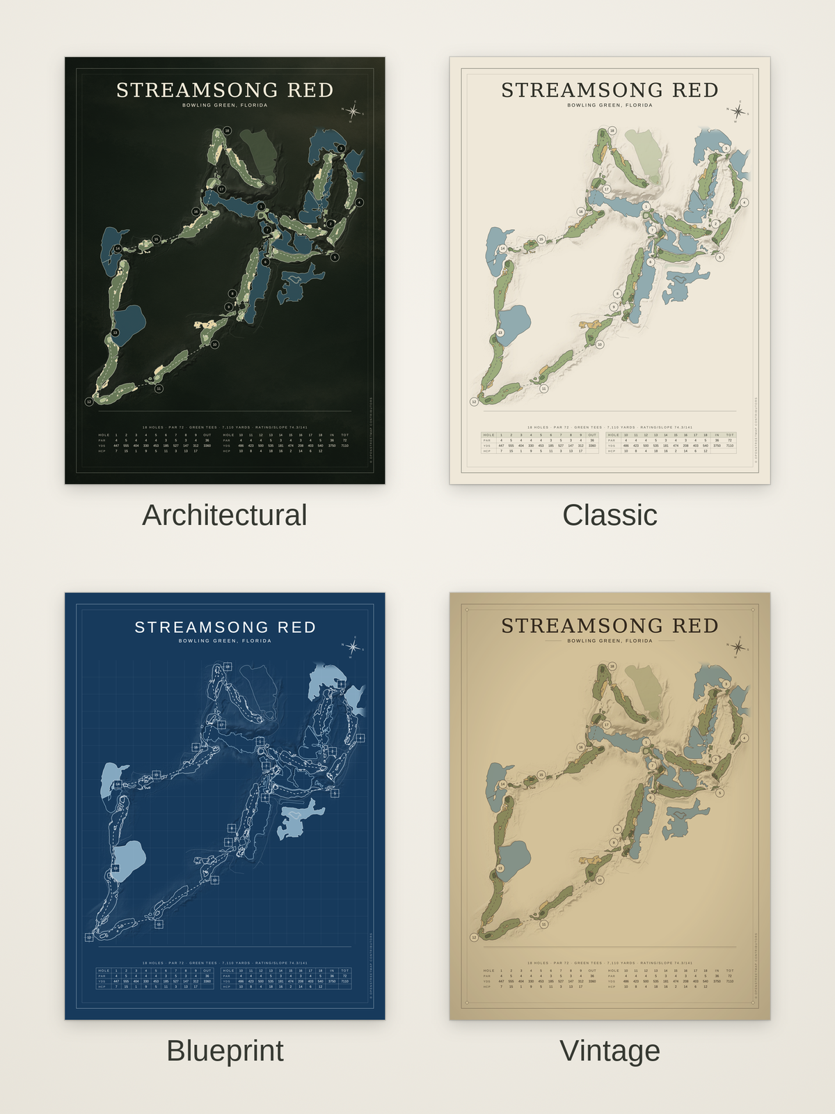 Streamsong Red course map poster in four styles: Architectural, Classic, Blueprint and Vintage