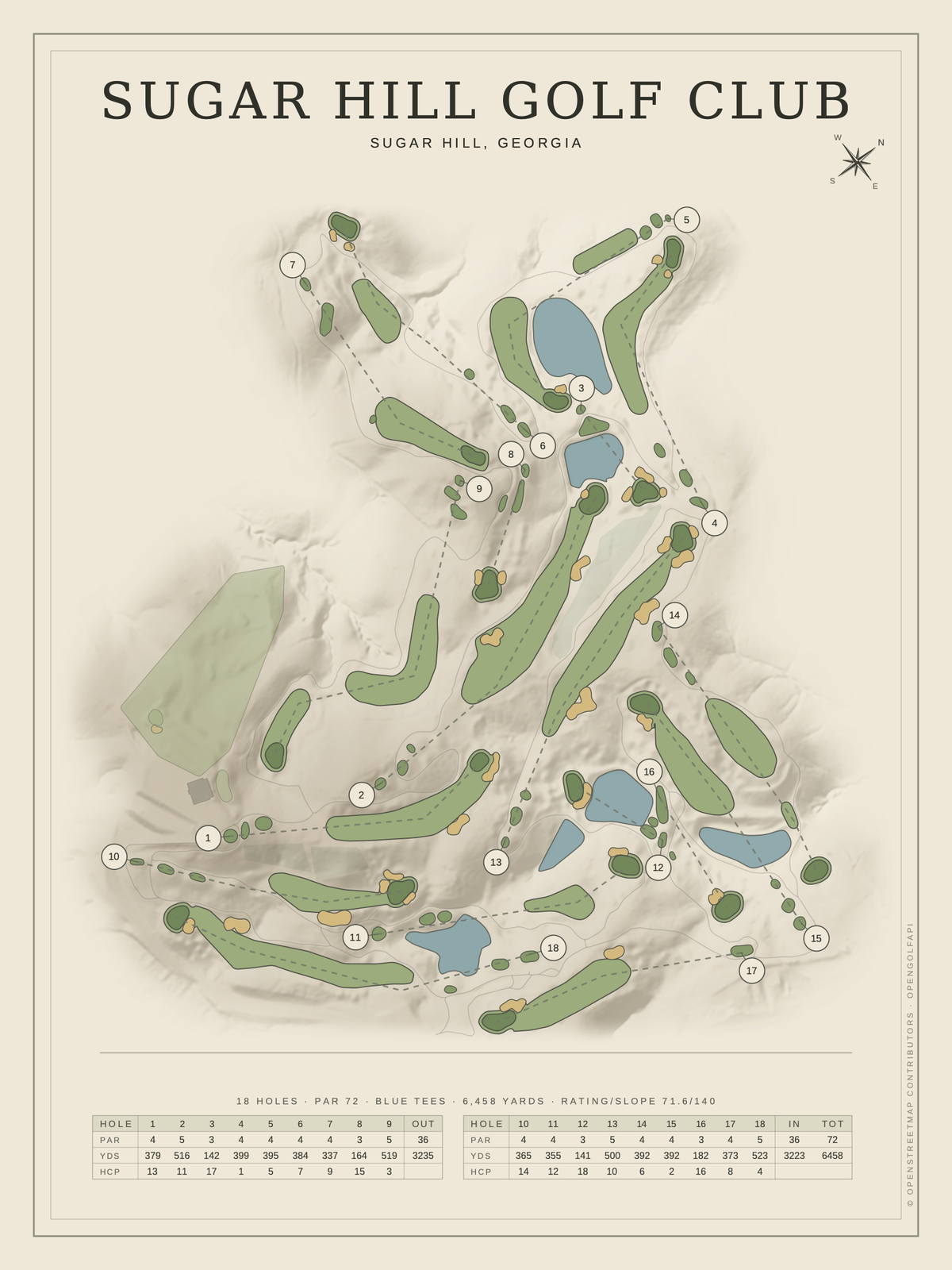 Sugar Hill Golf Club course map poster, Classic style, 12×16 / 18×24