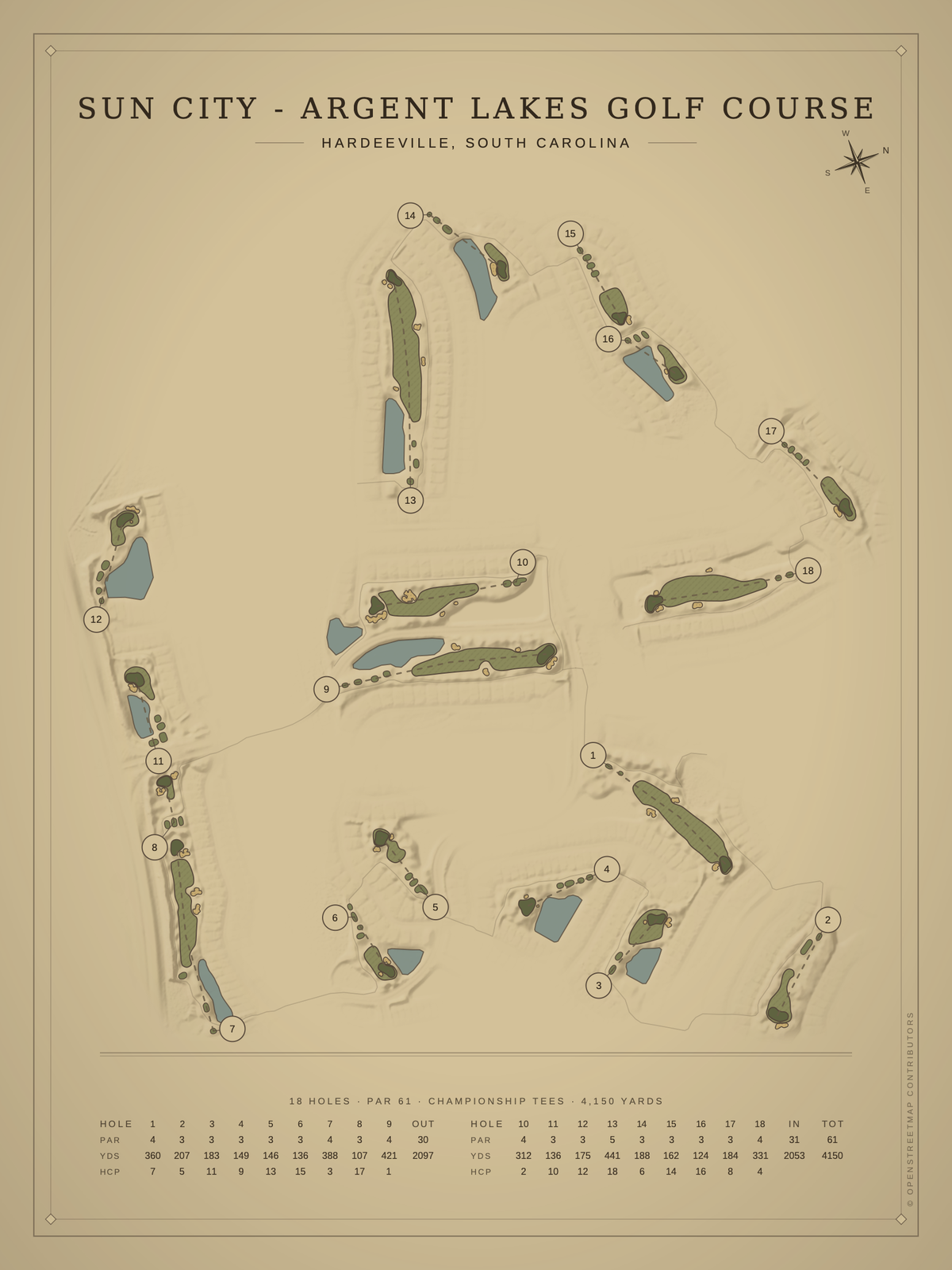Sun City - Argent Lakes Golf Course map poster, Vintage style, 12×16 / 18×24