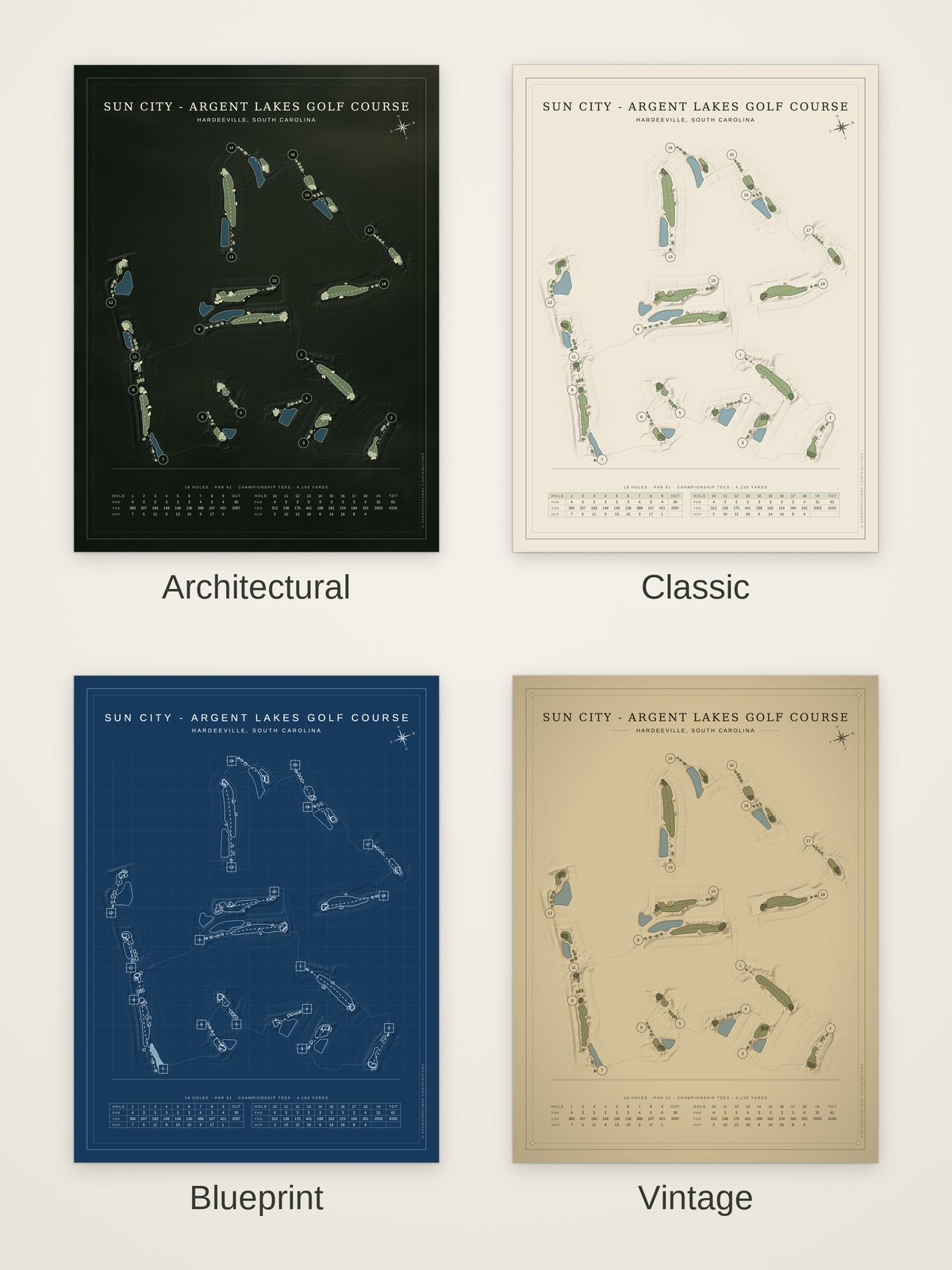 Sun City - Argent Lakes Golf Course map poster in four styles: Architectural, Classic, Blueprint and Vintage