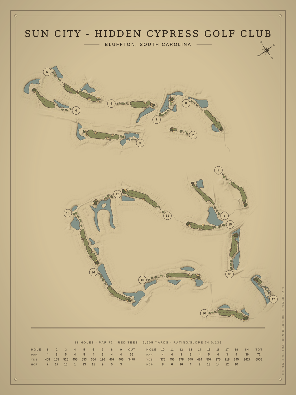 Sun City - Hidden Cypress Golf Club course map poster, Vintage style, 12×16 / 18×24