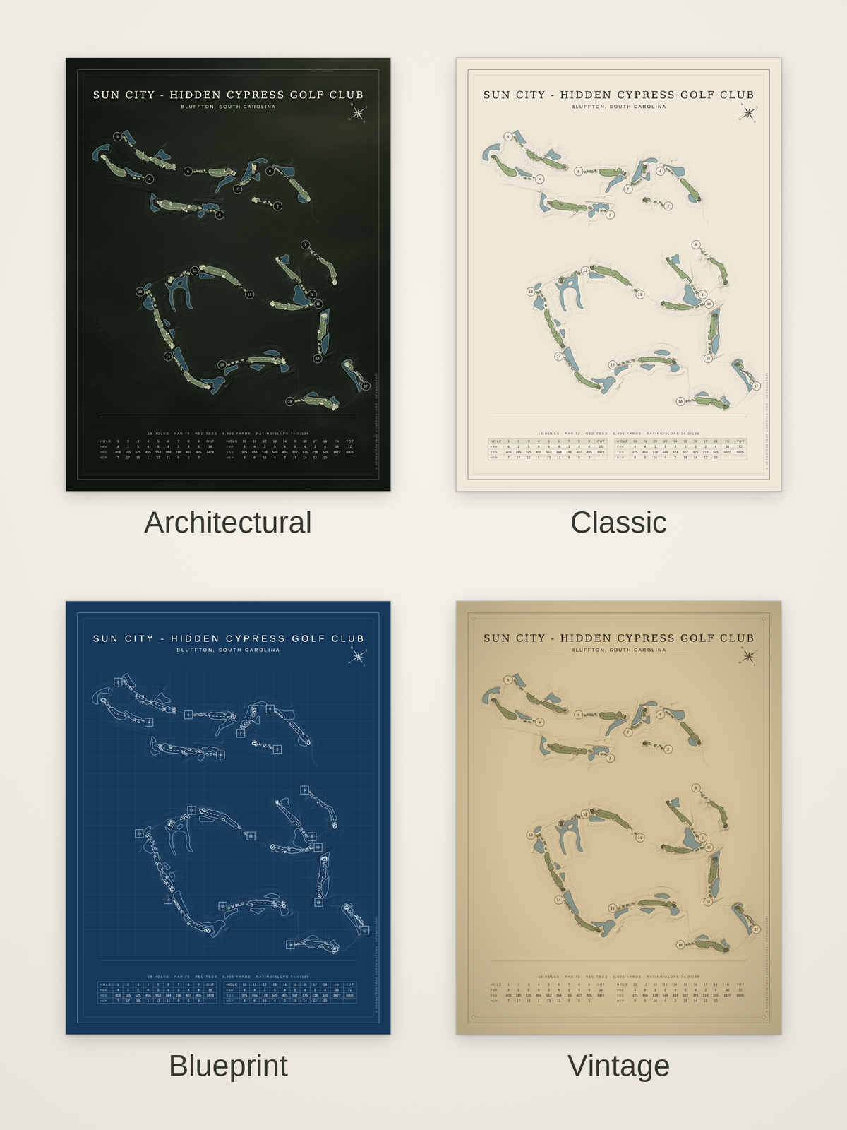Sun City - Hidden Cypress Golf Club course map poster in four styles: Architectural, Classic, Blueprint and Vintage