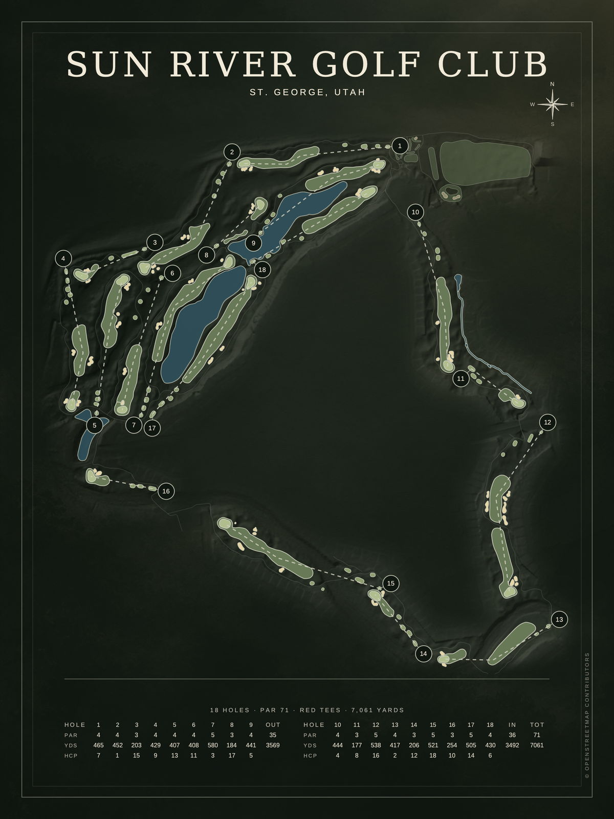 Sun River Golf Club course map poster, Architectural style, 12×16 / 18×24
