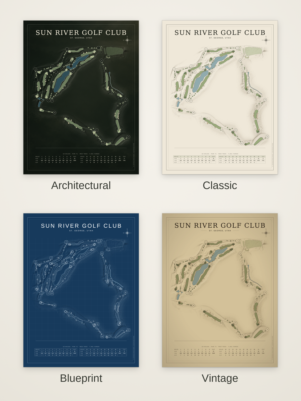 Sun River Golf Club course map poster in four styles: Architectural, Classic, Blueprint and Vintage