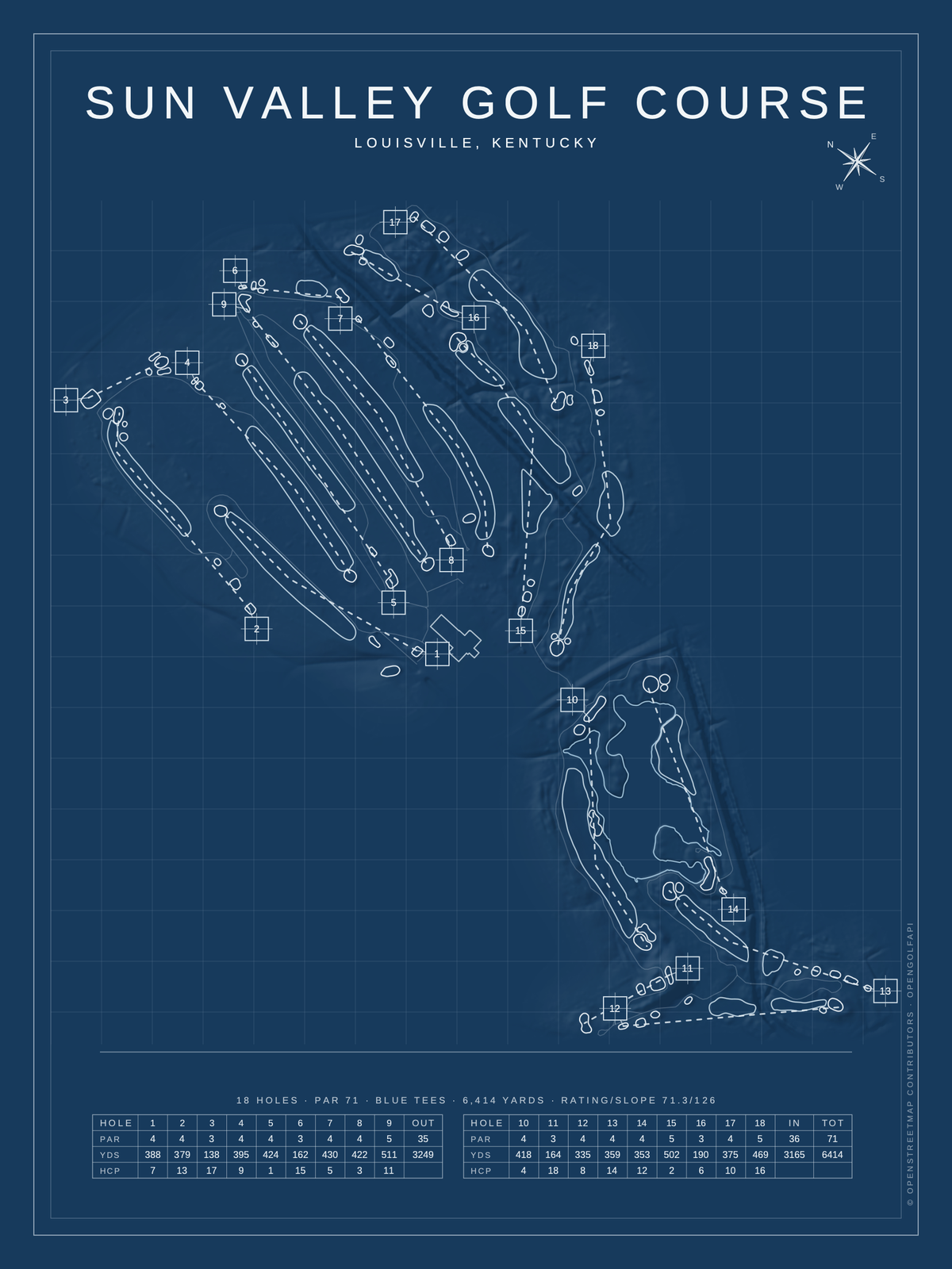 Sun Valley Golf Course map poster, Blueprint style, 12×16 / 18×24