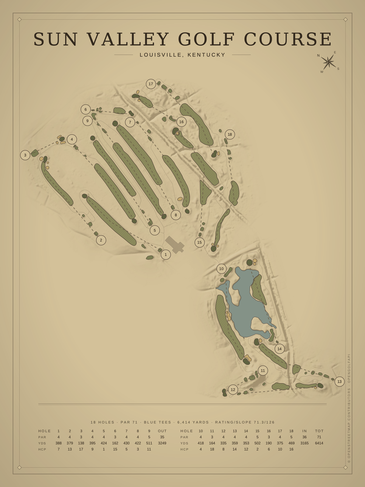 Sun Valley Golf Course map poster, Vintage style, 12×16 / 18×24