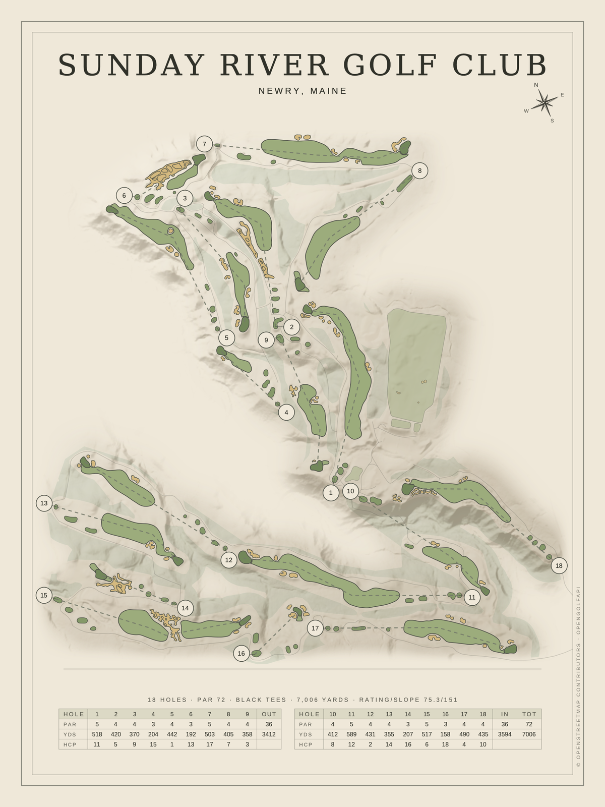 Sunday River Golf Club course map poster, Classic style, 12×16 / 18×24