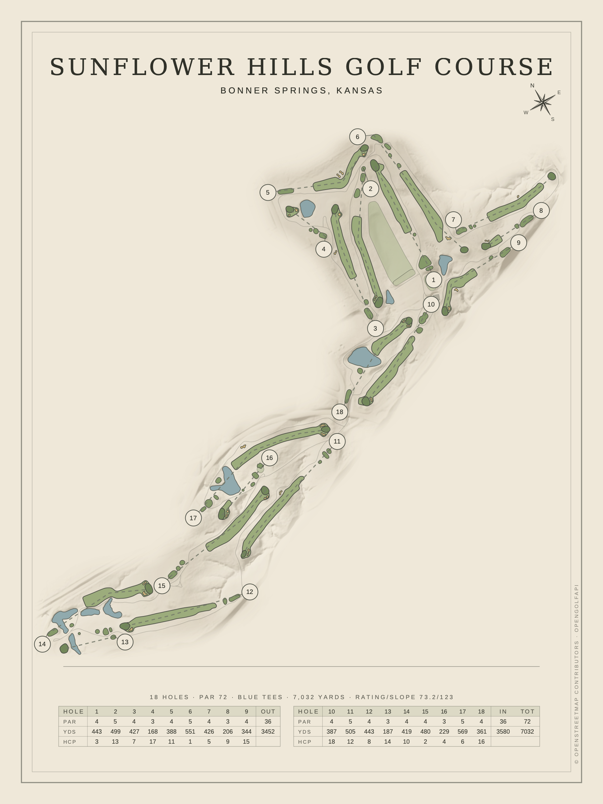 Sunflower Hills Golf Course map poster, Classic style, 12×16 / 18×24