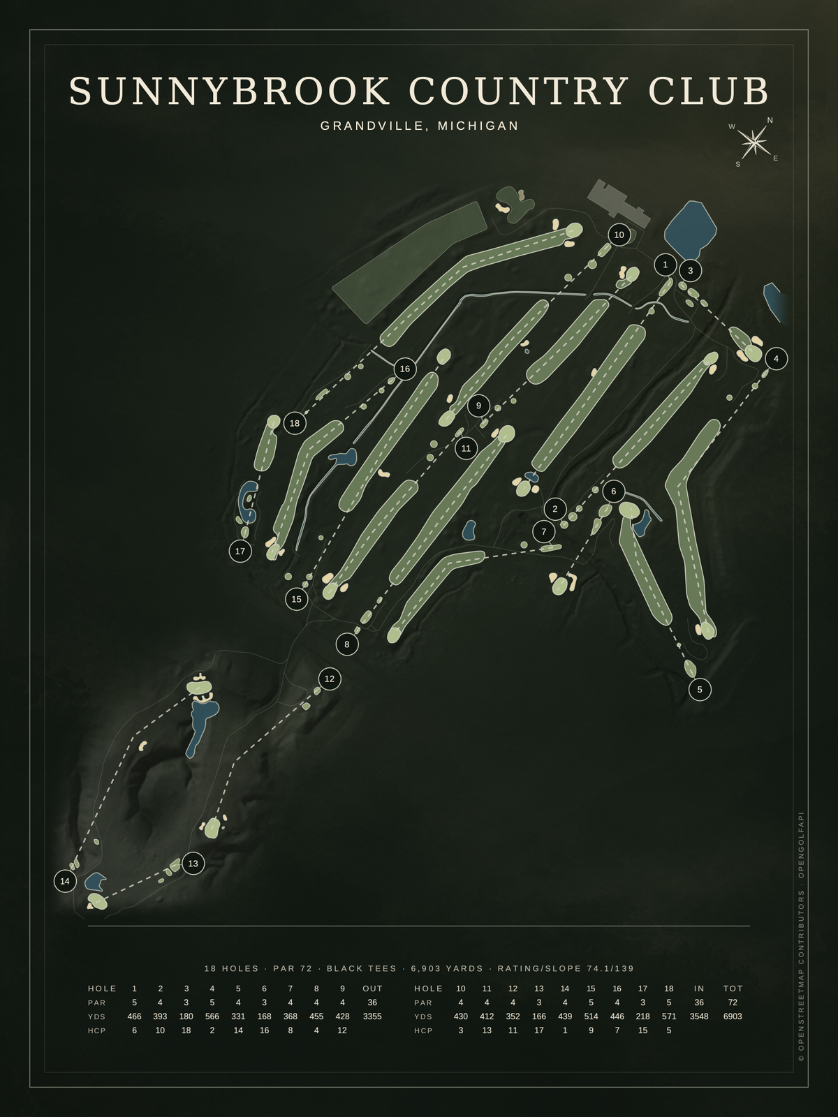 Sunnybrook Country Club course map poster, Architectural style, 12×16 / 18×24