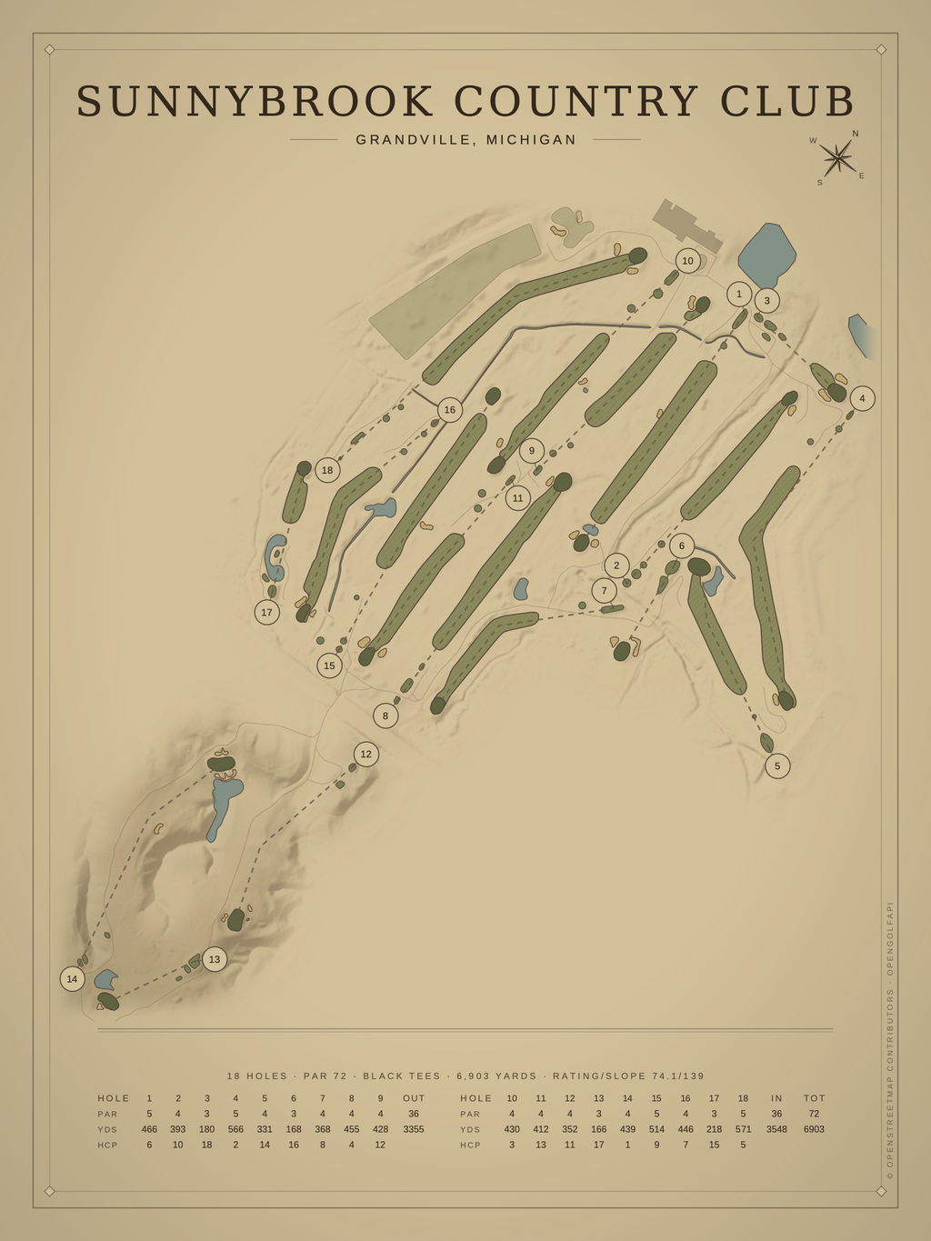 Sunnybrook Country Club course map poster, Vintage style, 12×16 / 18×24
