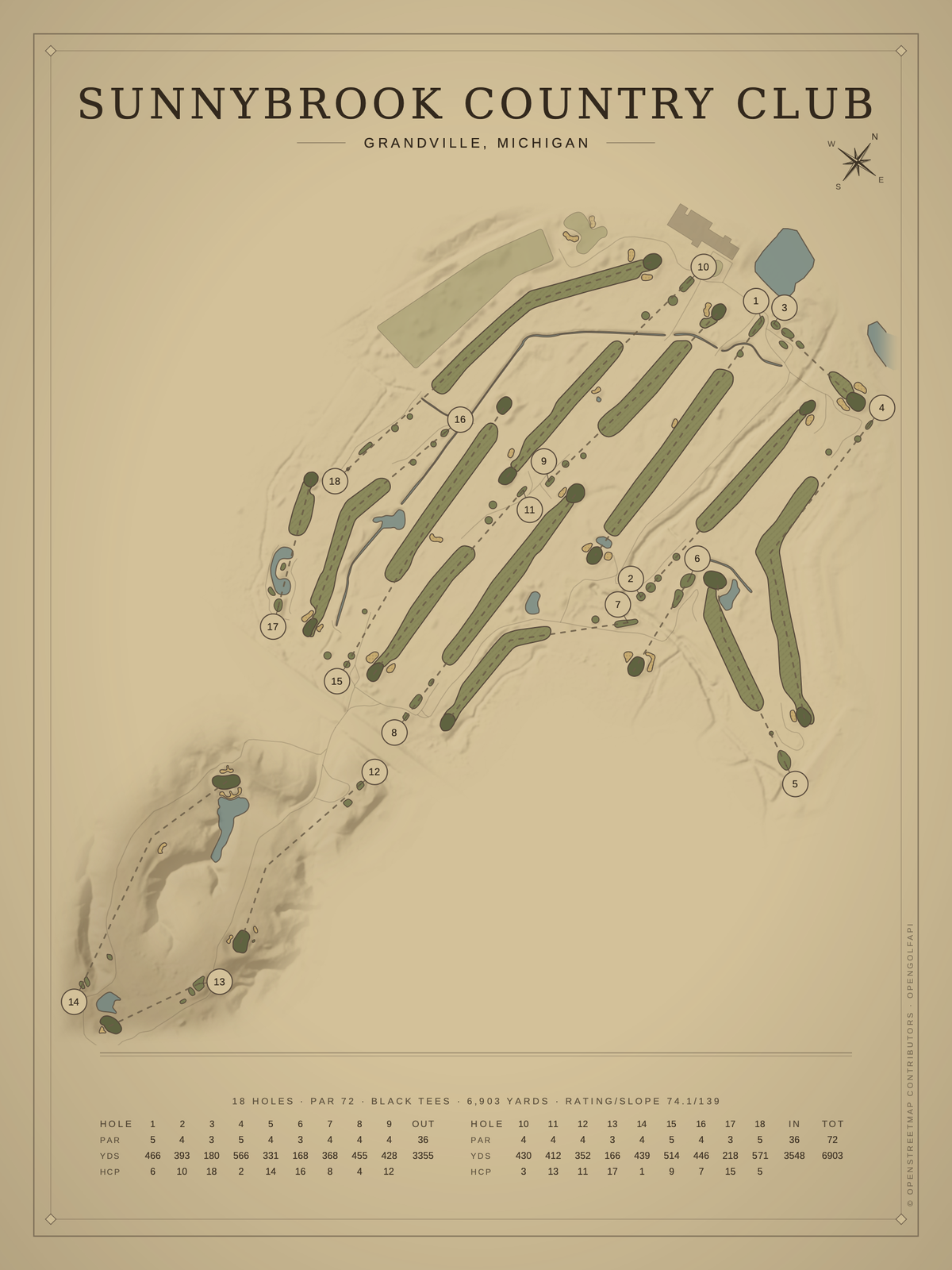 Sunnybrook Country Club course map poster, Vintage style, 12×16 / 18×24