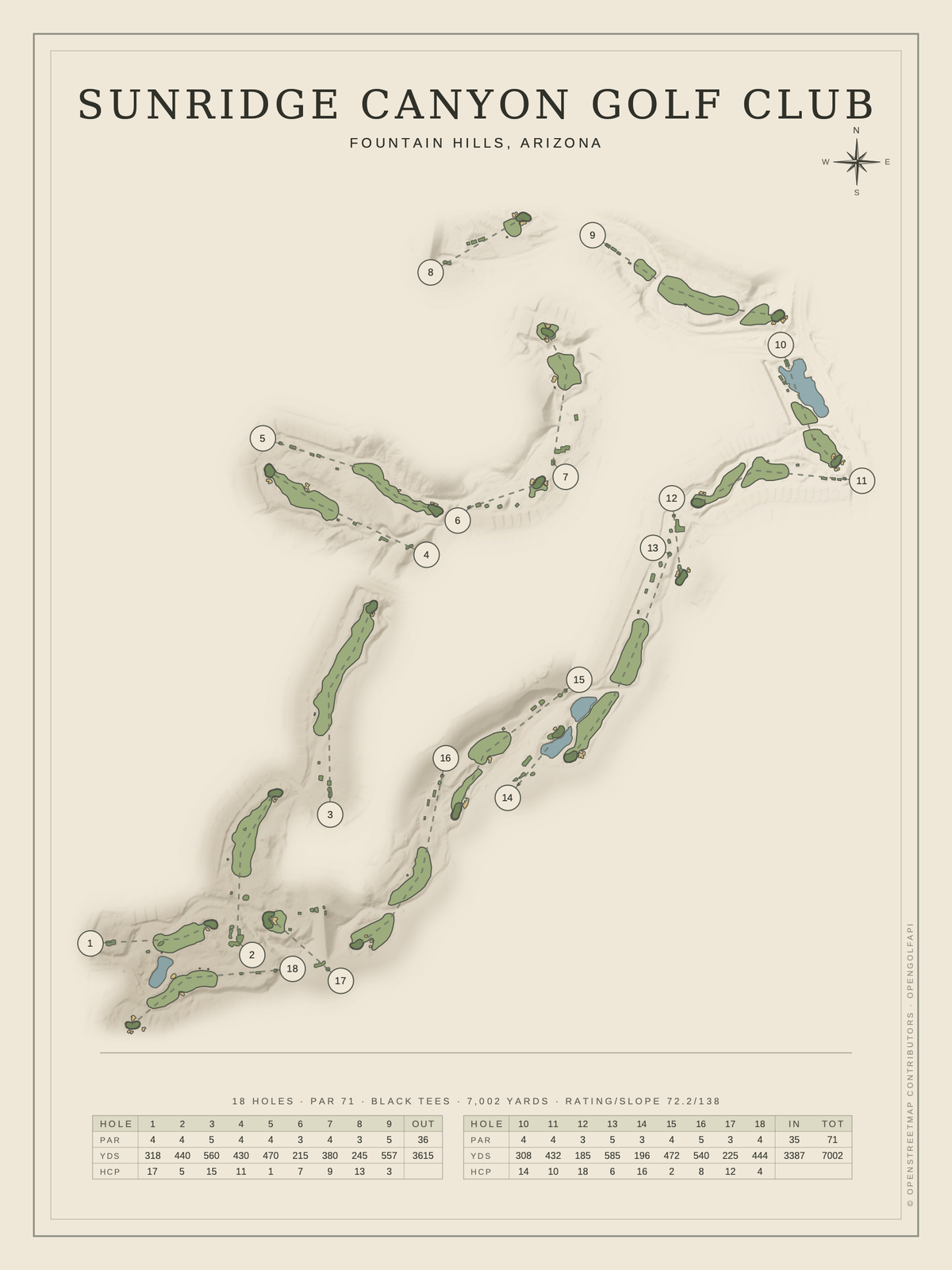 SunRidge Canyon Golf Club course map poster, Classic style, 12×16 / 18×24