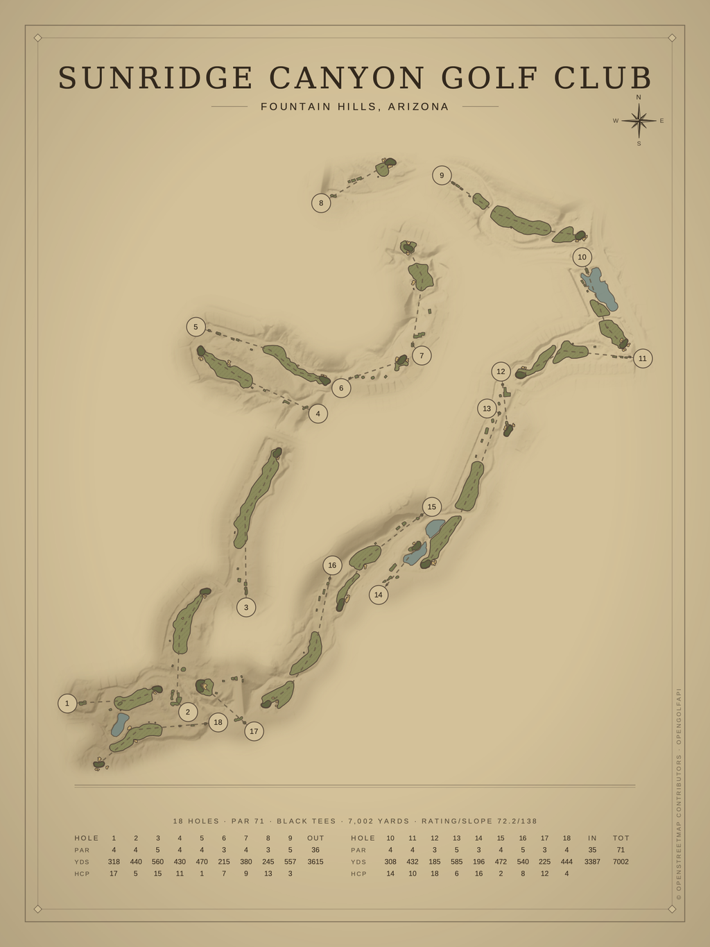 SunRidge Canyon Golf Club course map poster, Vintage style, 12×16 / 18×24