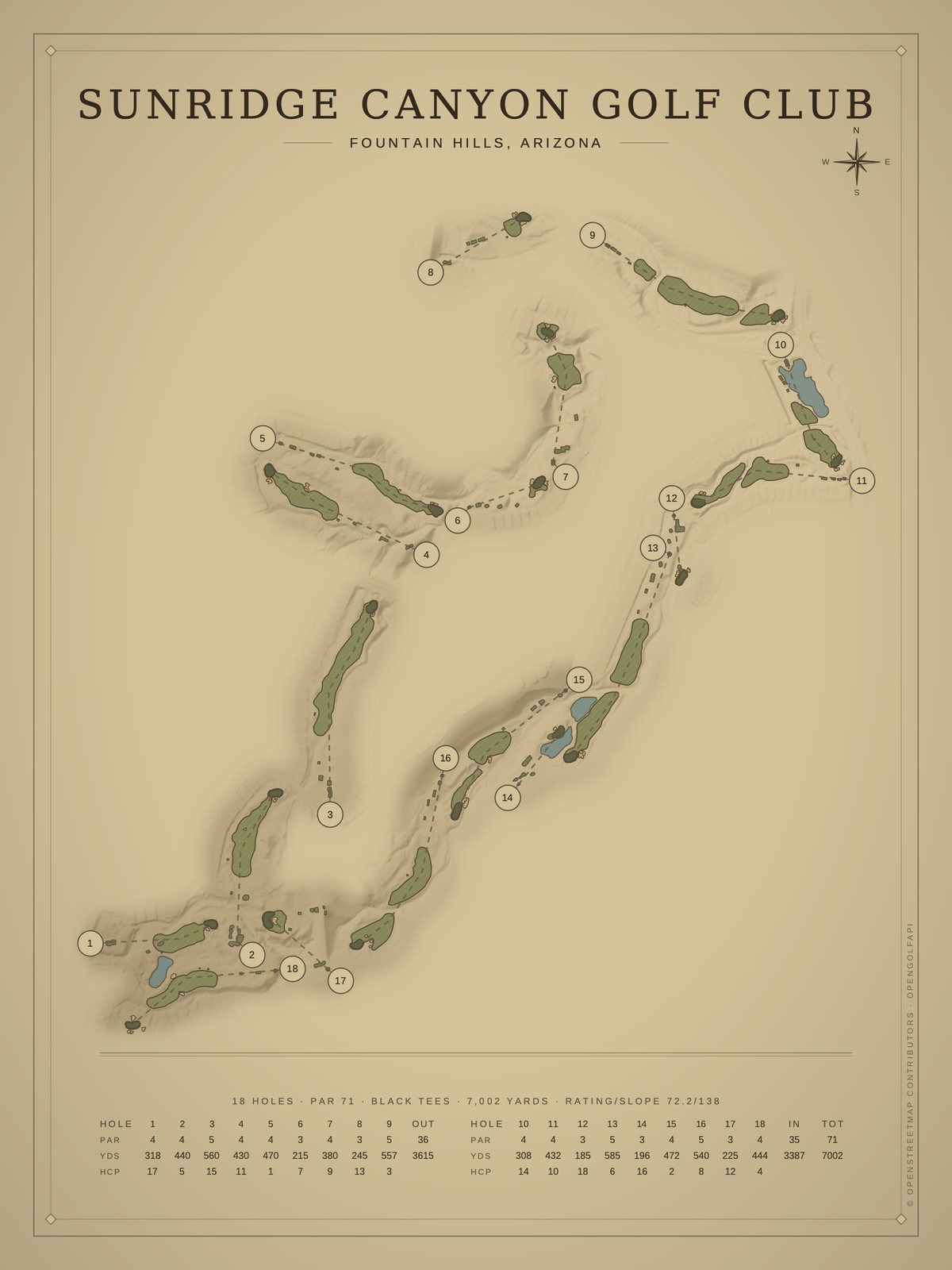 SunRidge Canyon Golf Club course map poster, Vintage style, 12×16 / 18×24