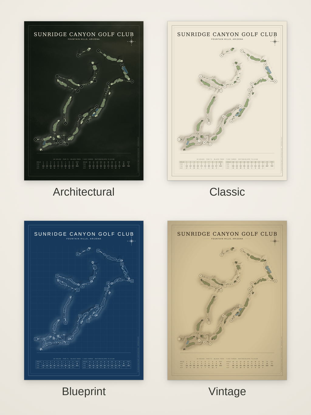 SunRidge Canyon Golf Club course map poster in four styles: Architectural, Classic, Blueprint and Vintage