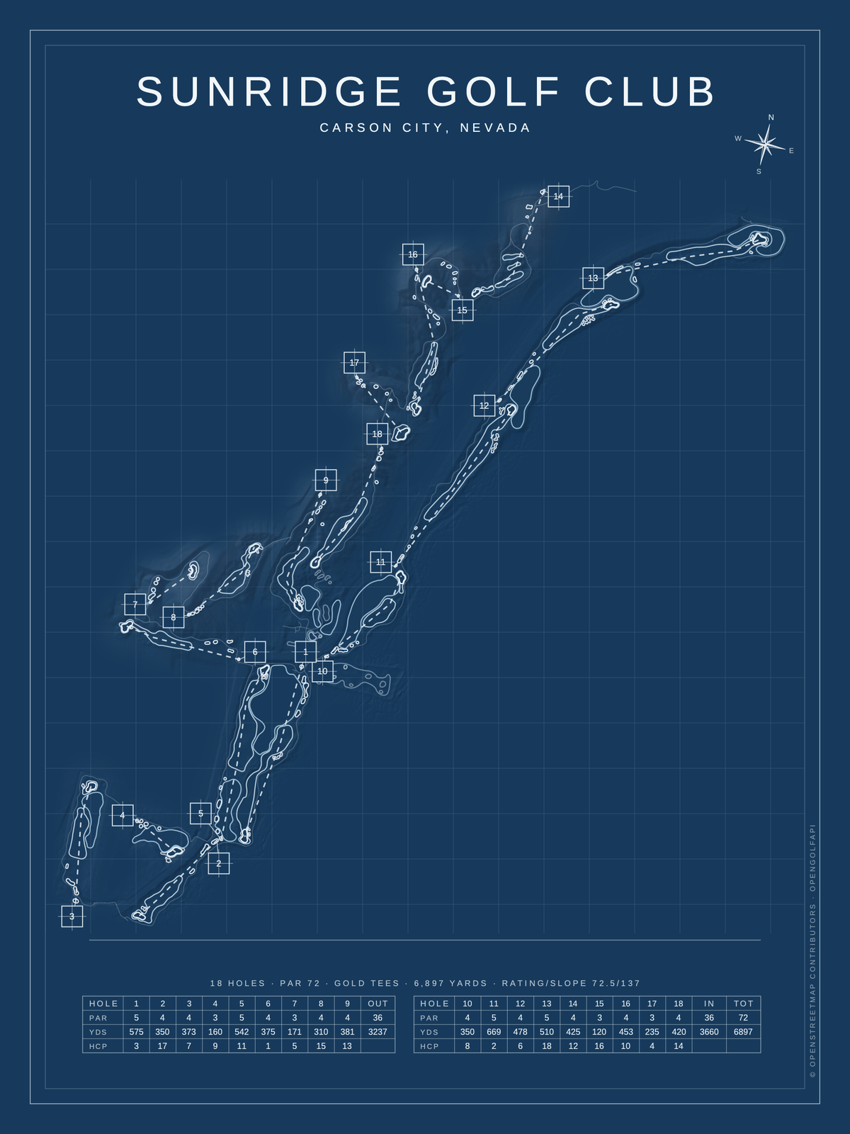 Sunridge Golf Club course map poster, Blueprint style, 12×16 / 18×24