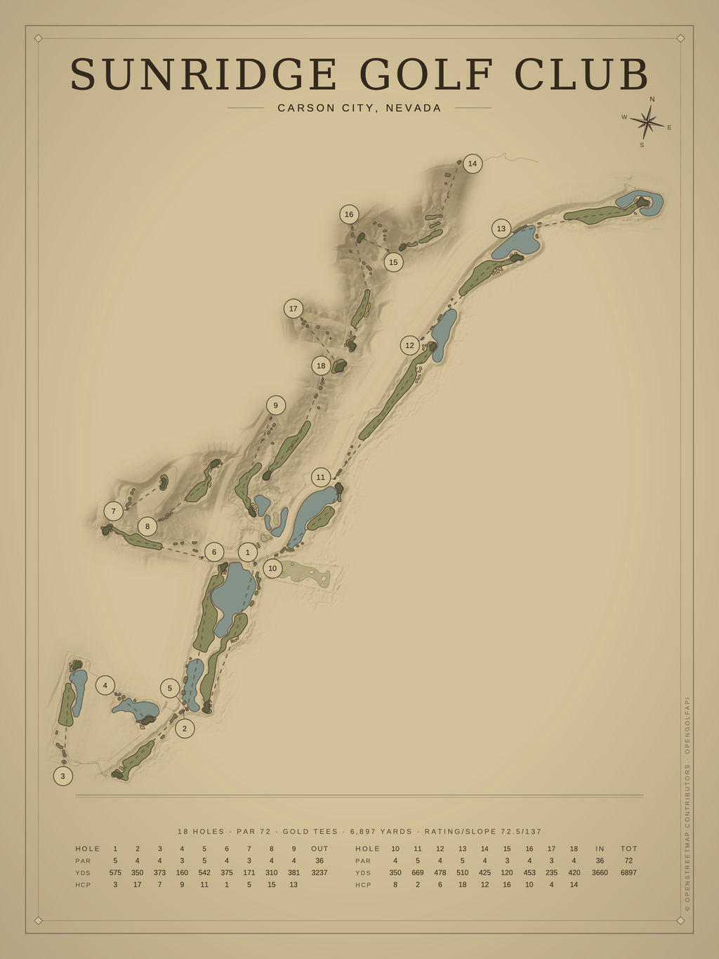 Sunridge Golf Club course map poster, Vintage style, 12×16 / 18×24
