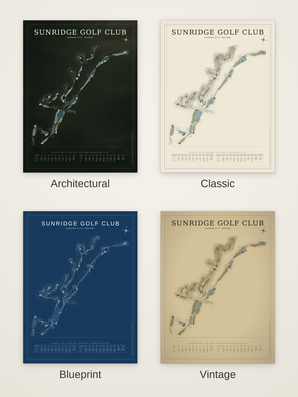 Sunridge Golf Club course map poster in four styles: Architectural, Classic, Blueprint and Vintage