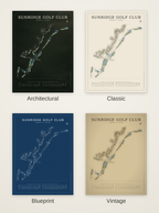 Sunridge Golf Club course map poster in four styles: Architectural, Classic, Blueprint and Vintage